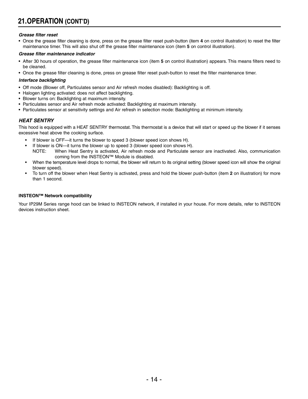 Best IP29M Series installation instructions Operation CONT’D, Grease filter reset 