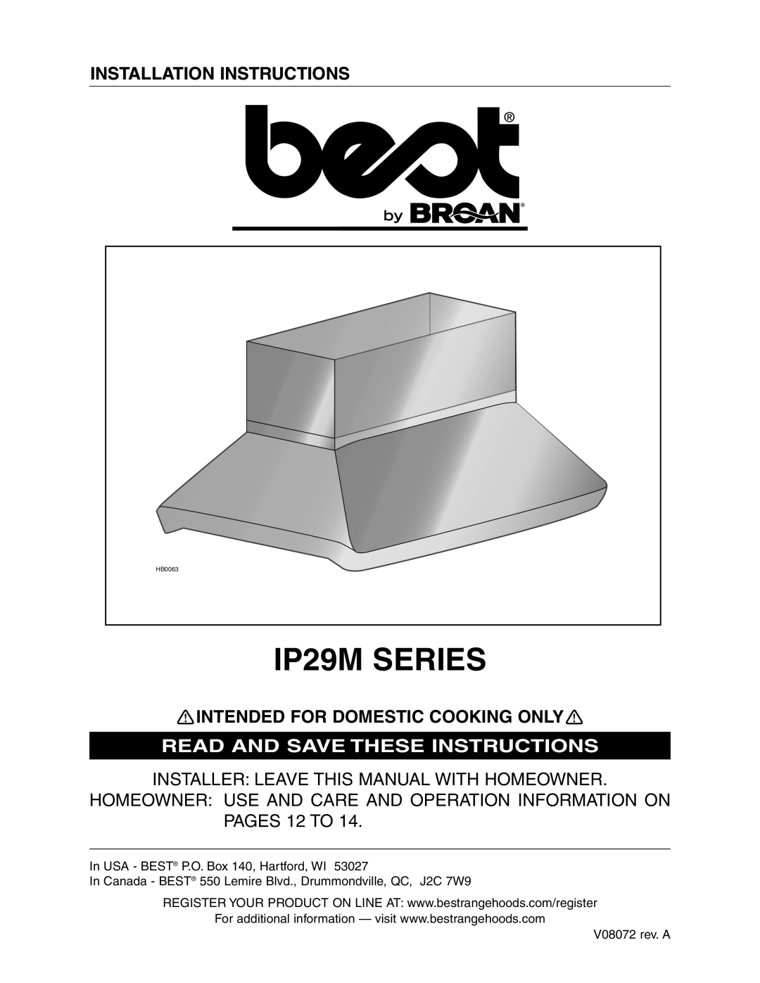 Best IP29M Series installation instructions Installation Instructions, Intended For Domestic Cooking Only, IP29M SERIES 