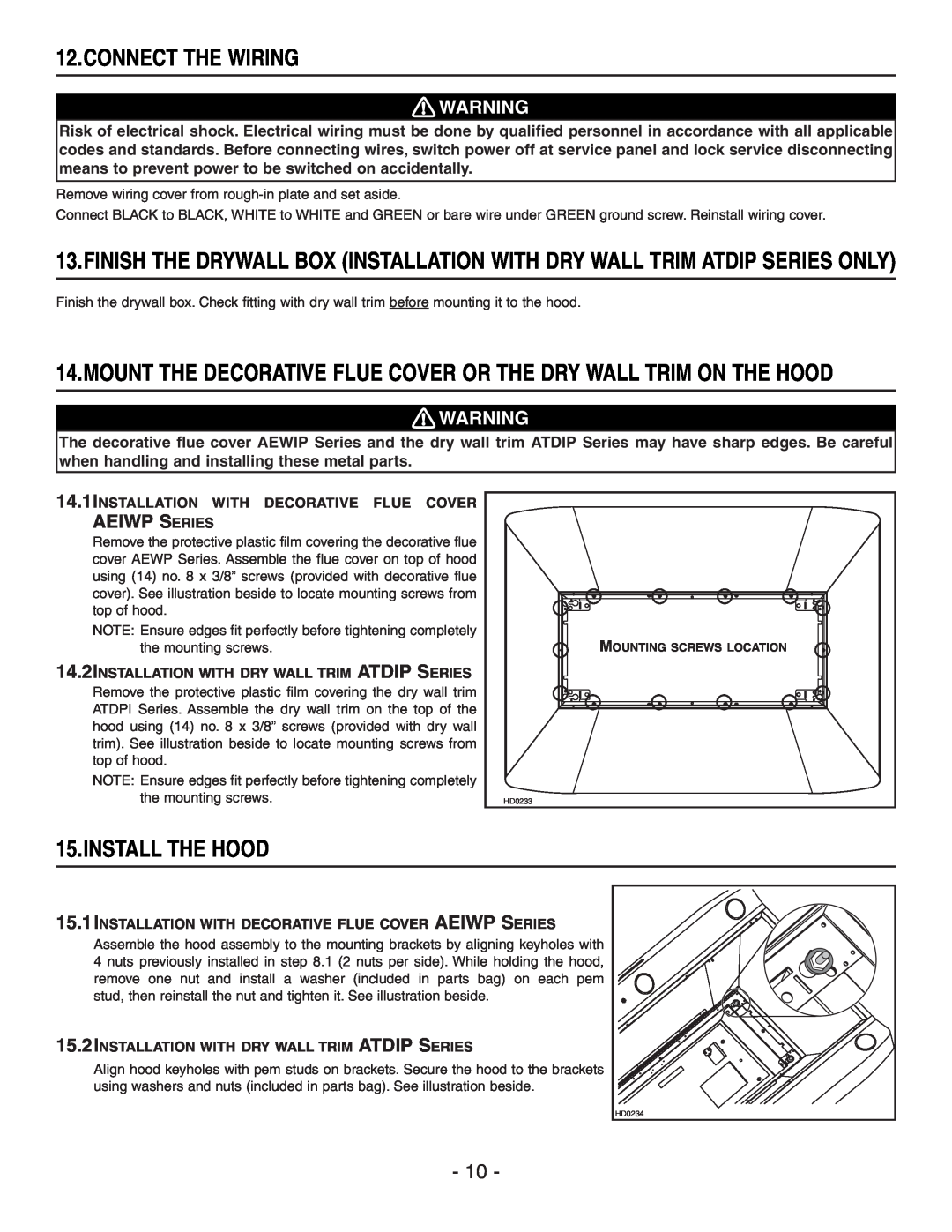 Best IP29M Series installation instructions Connect The Wiring, Install The Hood, Aeiwp Series 