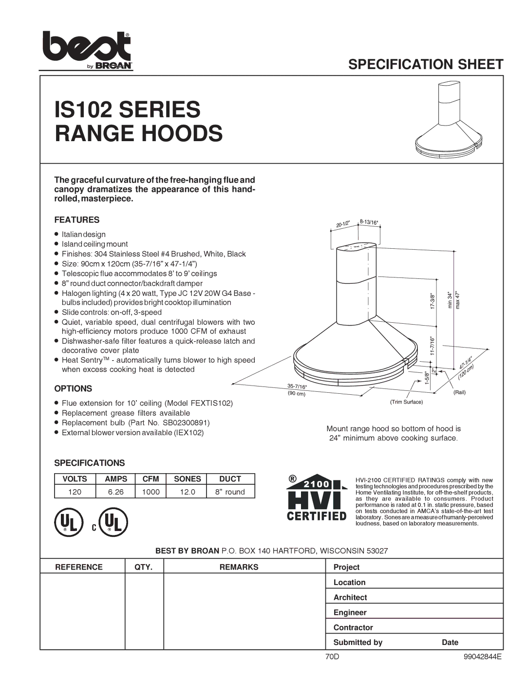 Best specifications IS102 Series Range Hoods, Features, Options, Specifications 