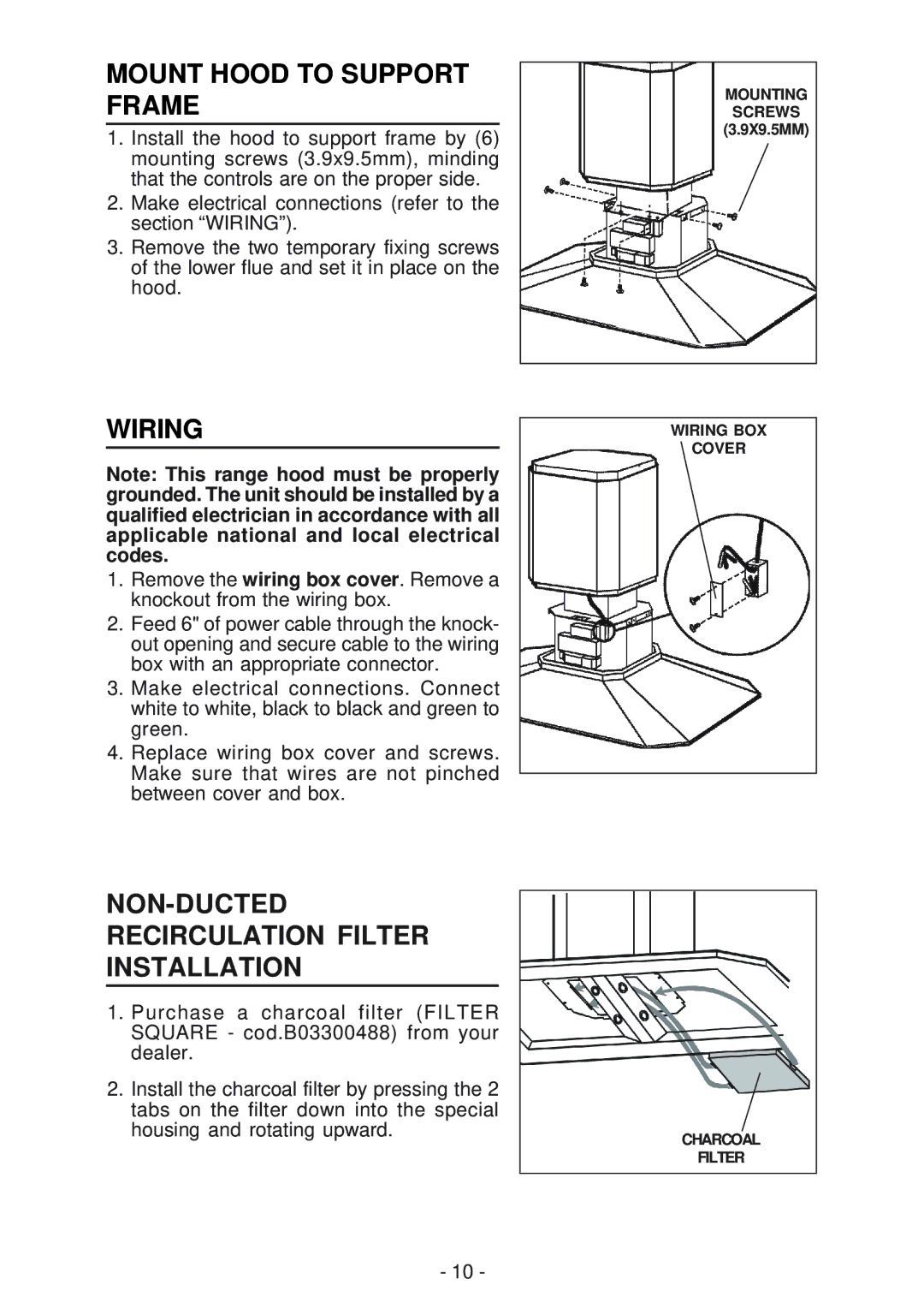 Best IS170 manual Mount Hood to Support Frame, Wiring, NON-DUCTED Recirculation Filter Installation 