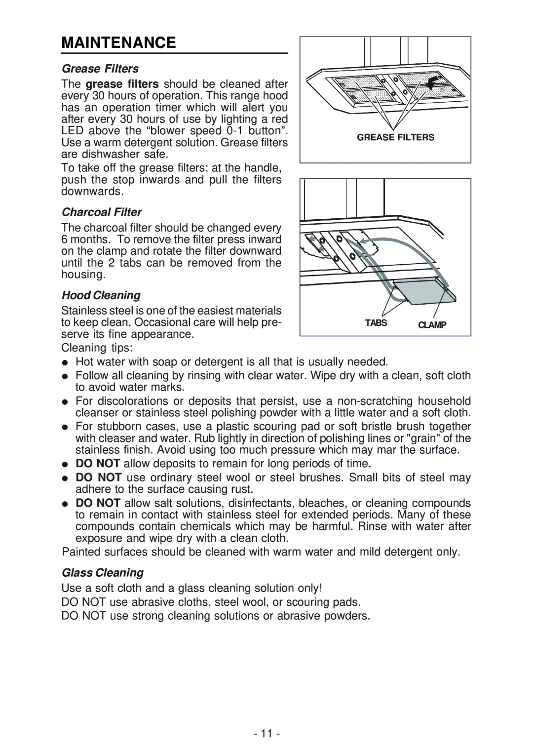 Best IS170 manual Maintenance, Grease Filters, Charcoal Filter, Hood Cleaning, Glass Cleaning 