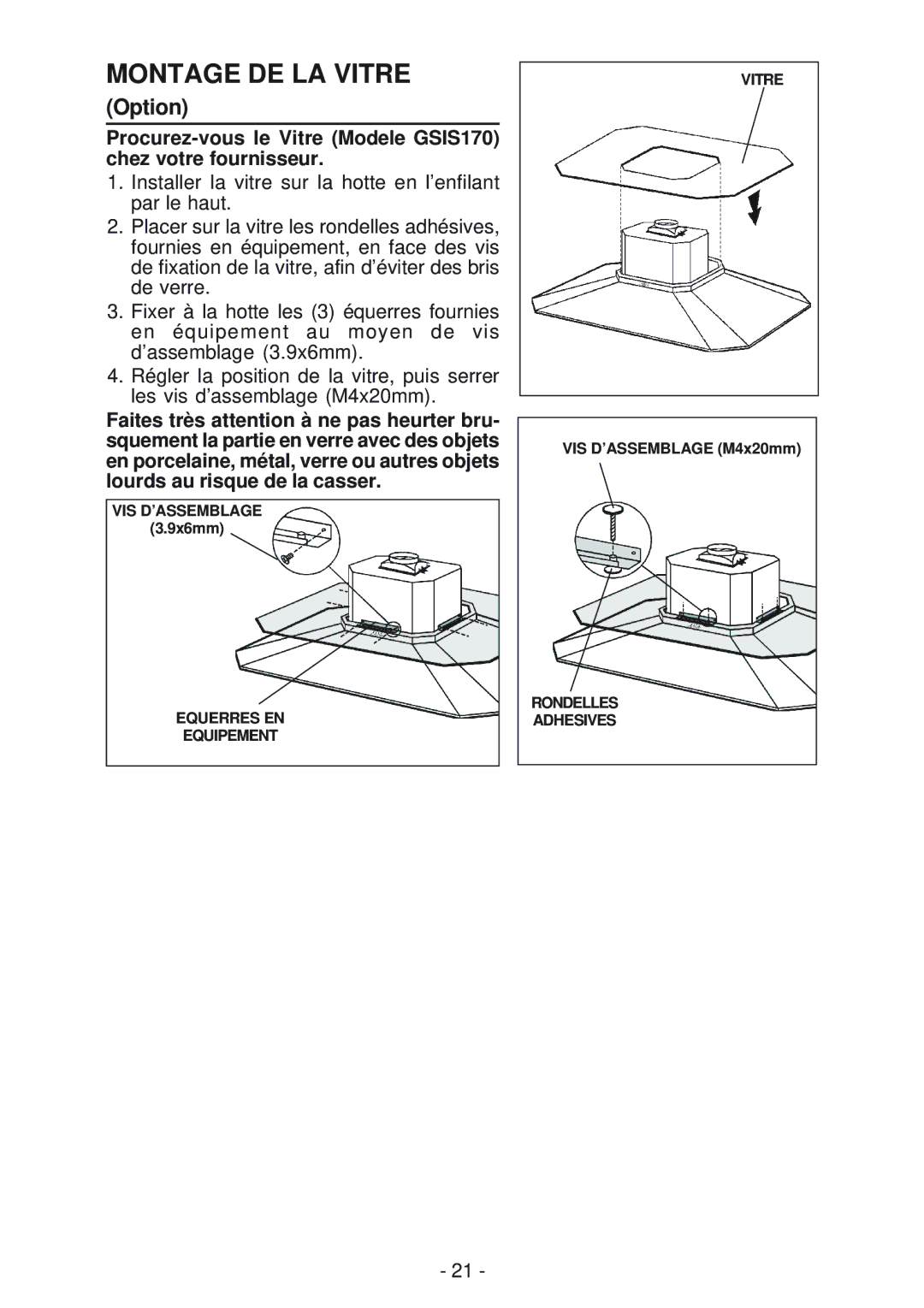 Best IS170 manual Montage DE LA Vitre, Option 