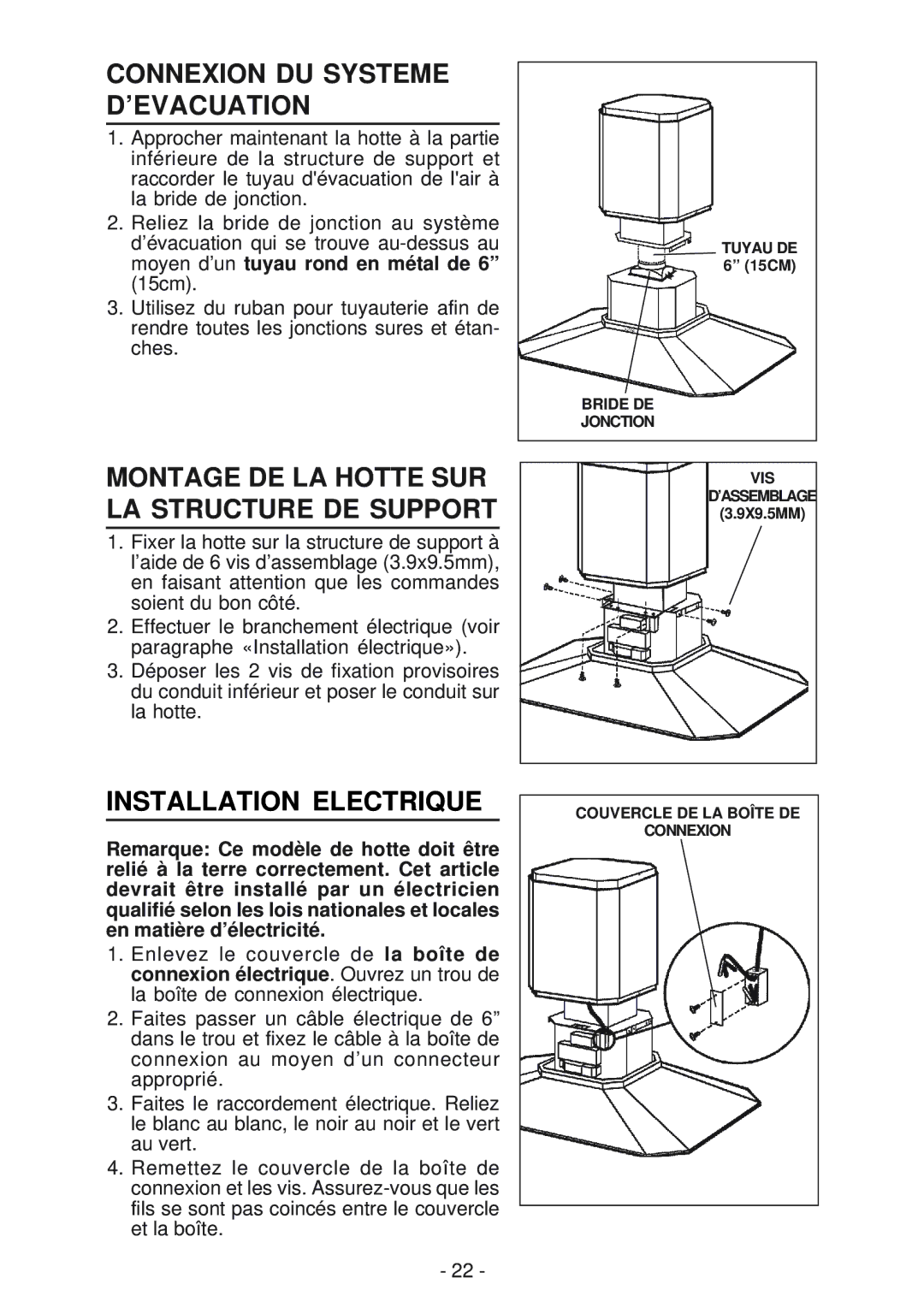 Best IS170 Connexion DU Systeme D’EVACUATION, Montage DE LA Hotte SUR LA Structure DE Support, Installation Electrique 