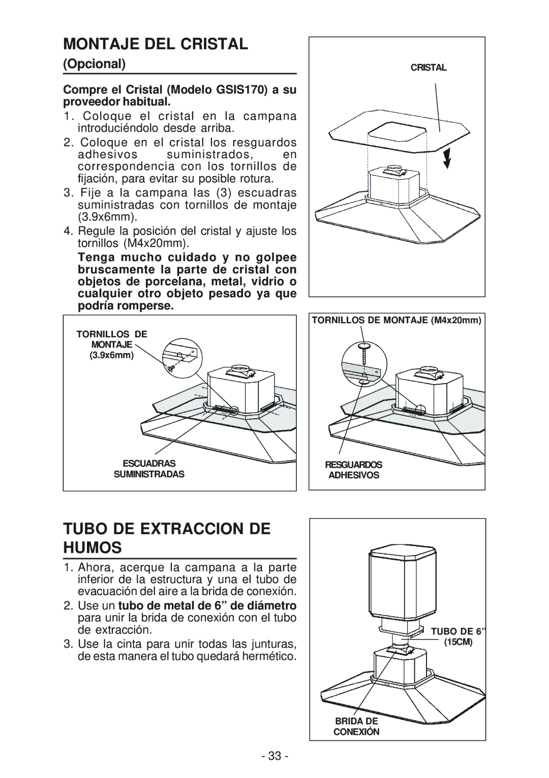 Best IS170 manual Montaje DEL Cristal, Tubo DE Extraccion DE Humos 