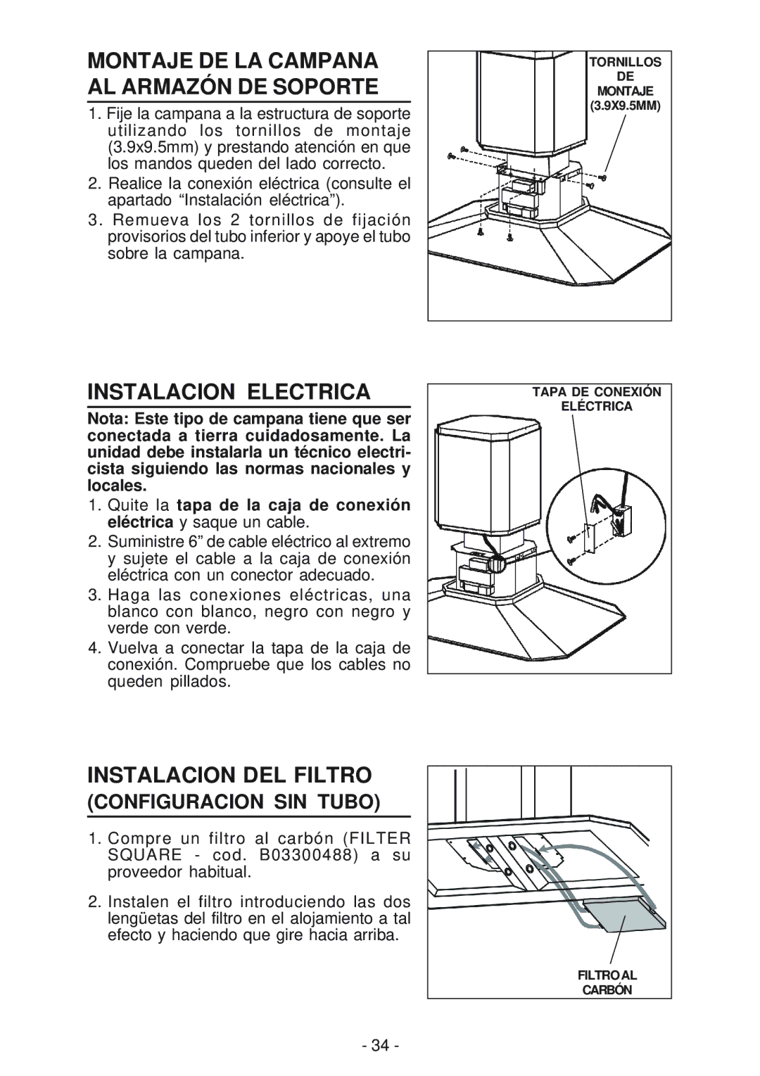 Best IS170 manual Montaje DE LA Campana AL Armazón DE Soporte, Instalacion Electrica, Instalacion DEL Filtro 