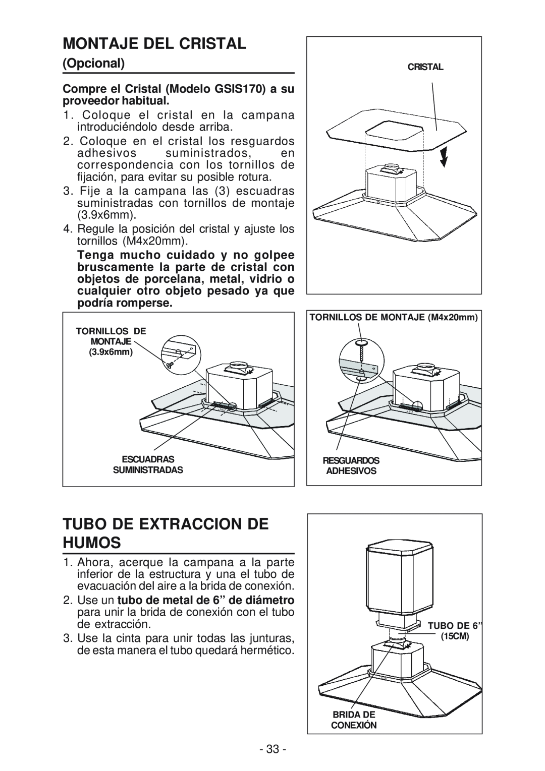 Best IS170 manual Montaje Del Cristal, Tubo De Extraccion De Humos, Opcional 
