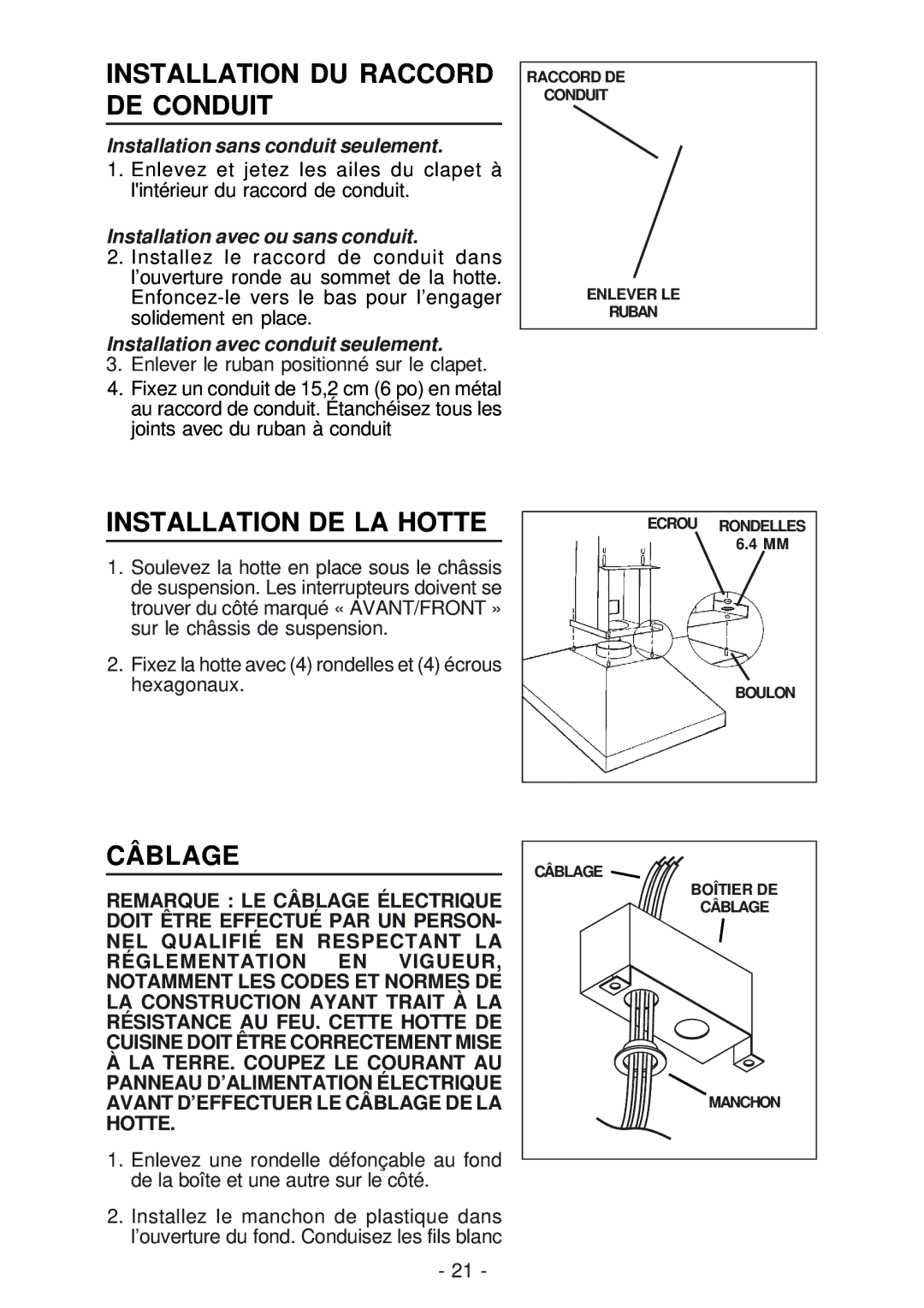 Best IS23 manual Installation DU Raccord DE Conduit, Installation DE LA Hotte, Câblage 