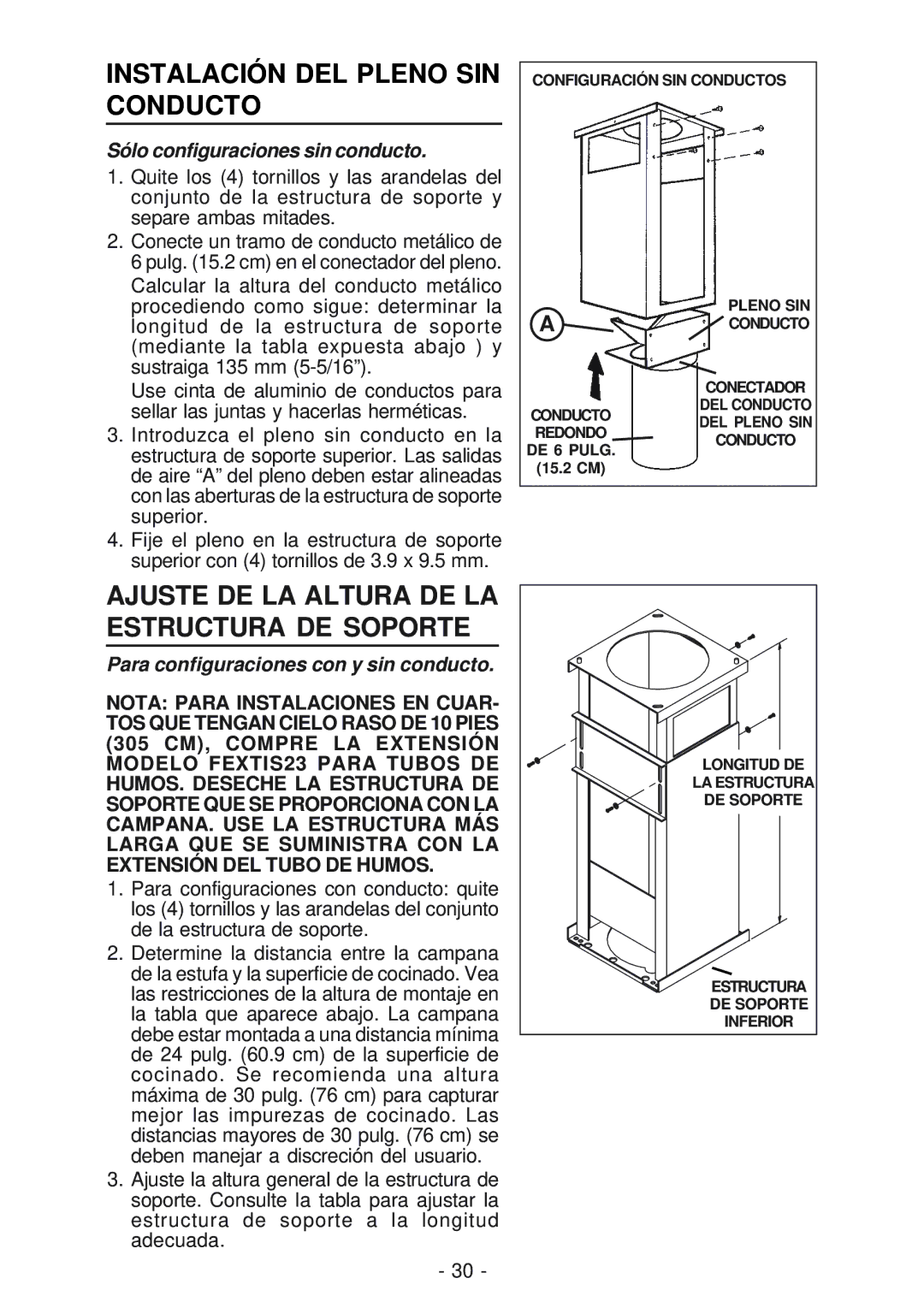 Best IS23 manual Instalación DEL Pleno SIN Conducto, Ajuste DE LA Altura DE LA Estructura DE Soporte 