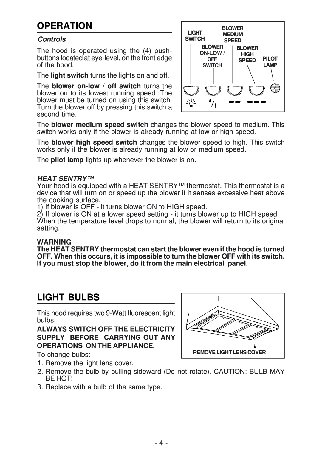 Best IS23 manual Operation, Light Bulbs, Controls 