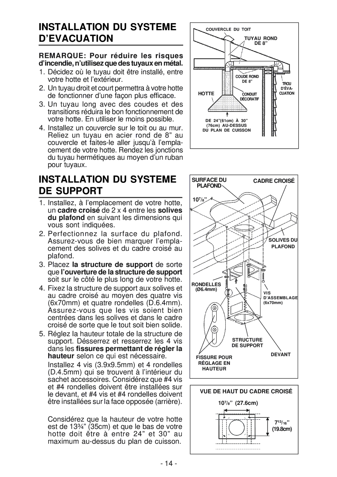 Best ISER222 manual Installation DU Systeme D’EVACUATION, Installation DU Systeme DE Support 