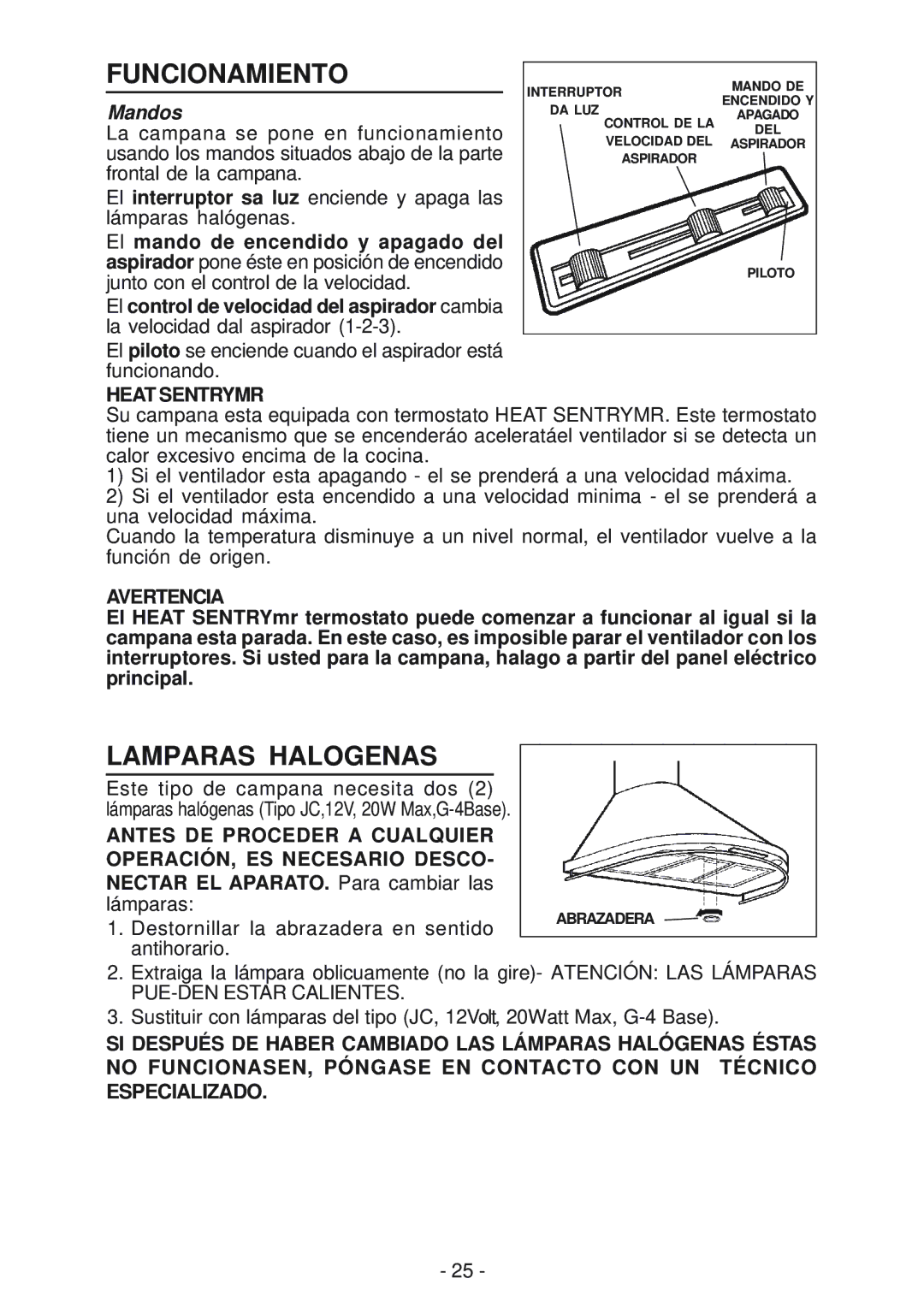 Best K15 manual Funcionamiento, Lamparas Halogenas, Mandos, Heat Sentrymr, Avertencia 