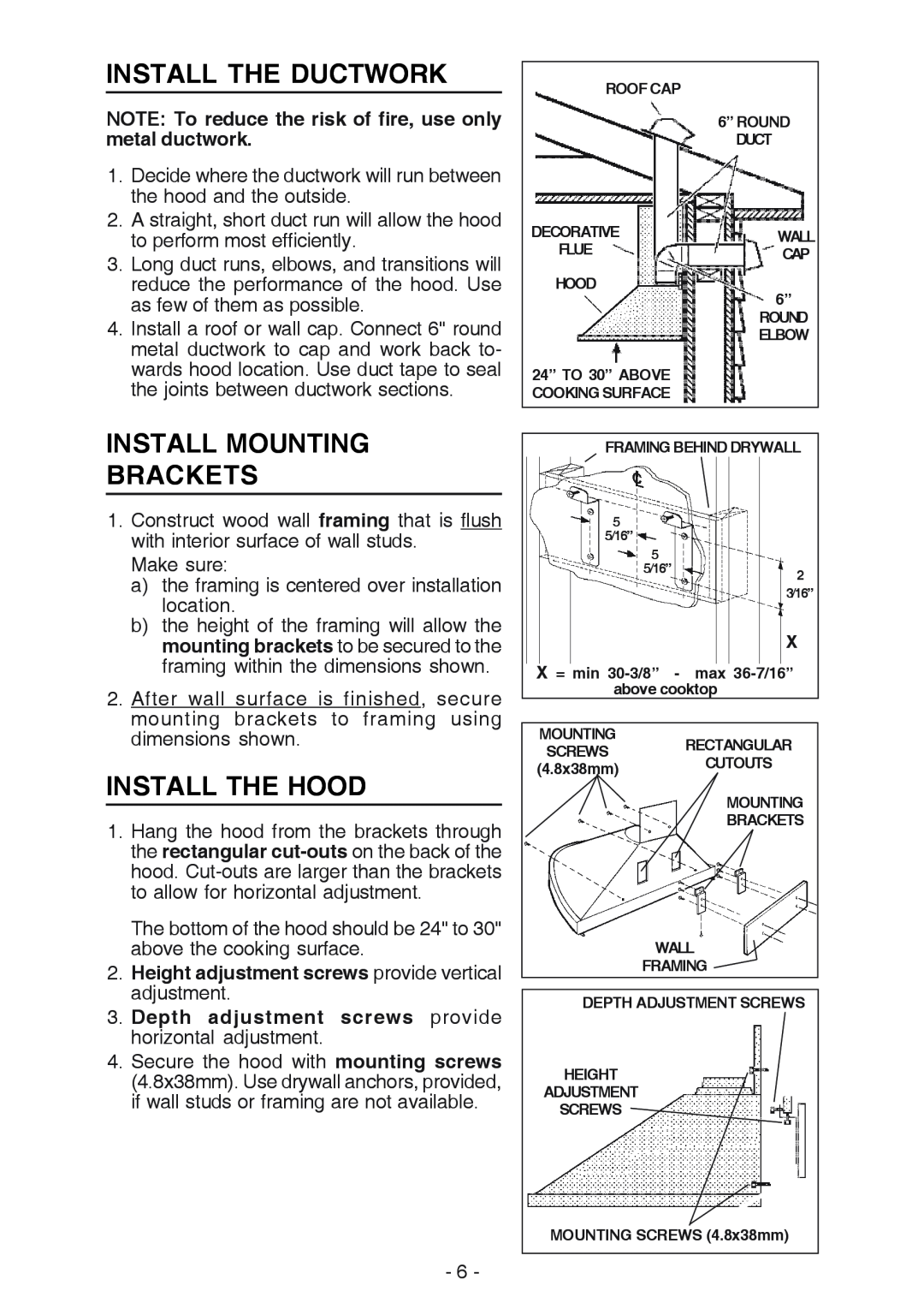 Best K15 manual Install The Ductwork, Install Mounting Brackets, Install The Hood 