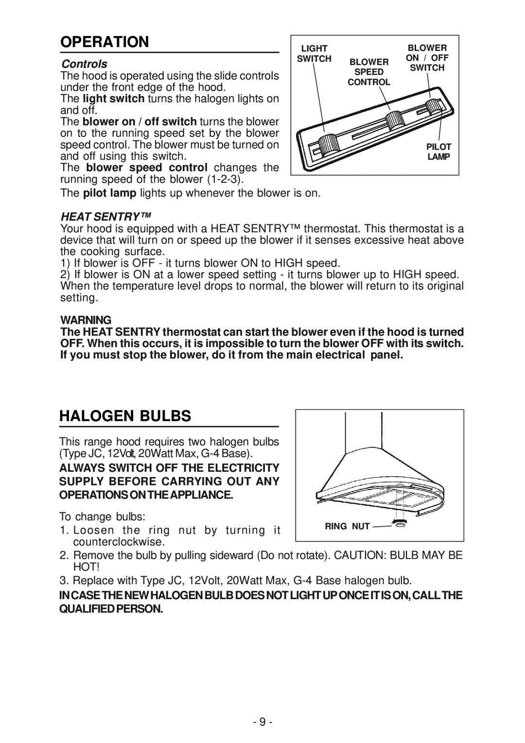 Best K15 manual Operation, Halogen Bulbs, Controls, Heat Sentry 