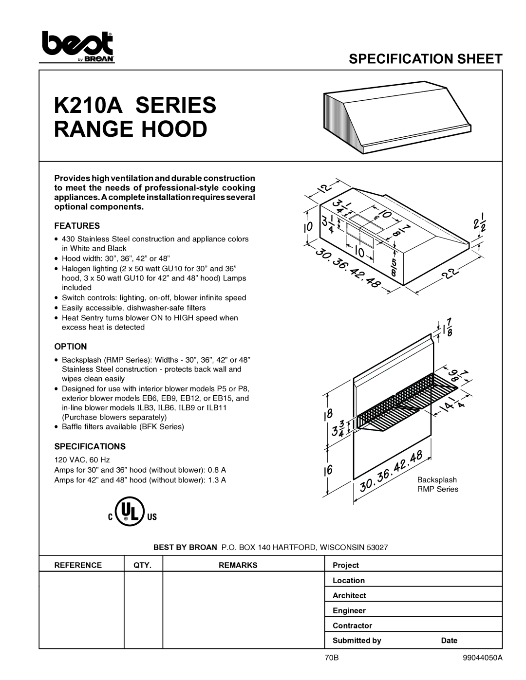 Best specifications K210A Series Range Hood, Features, Option, Specifications 