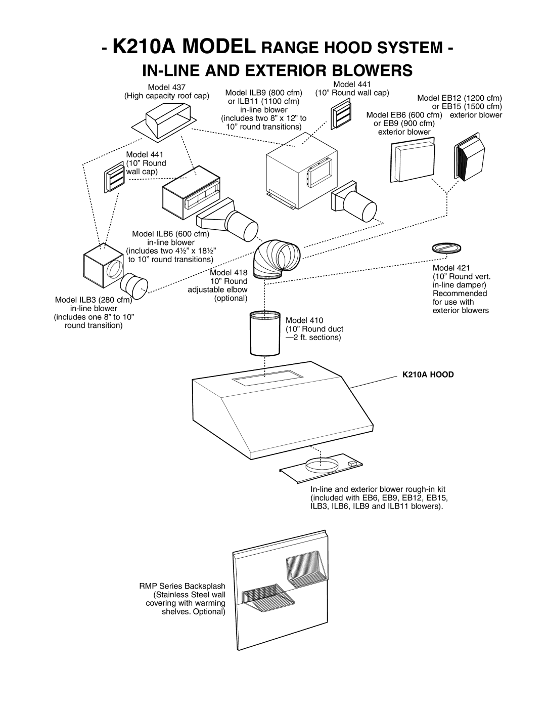 Best specifications K210A Model Range Hood System, IN-LINE and Exterior Blowers 