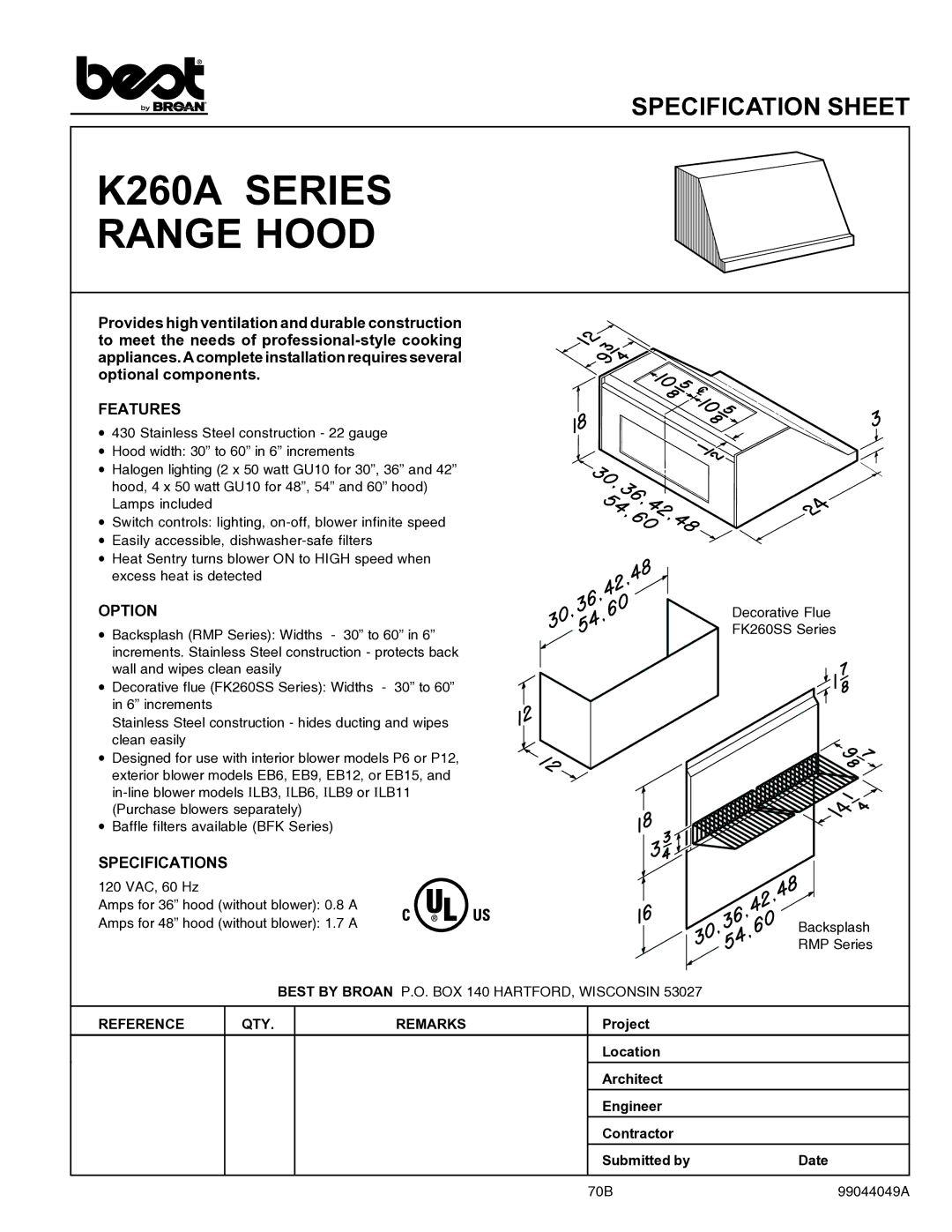 Best K260A series specifications K260A Series Range Hood, Features, Option, Specifications 