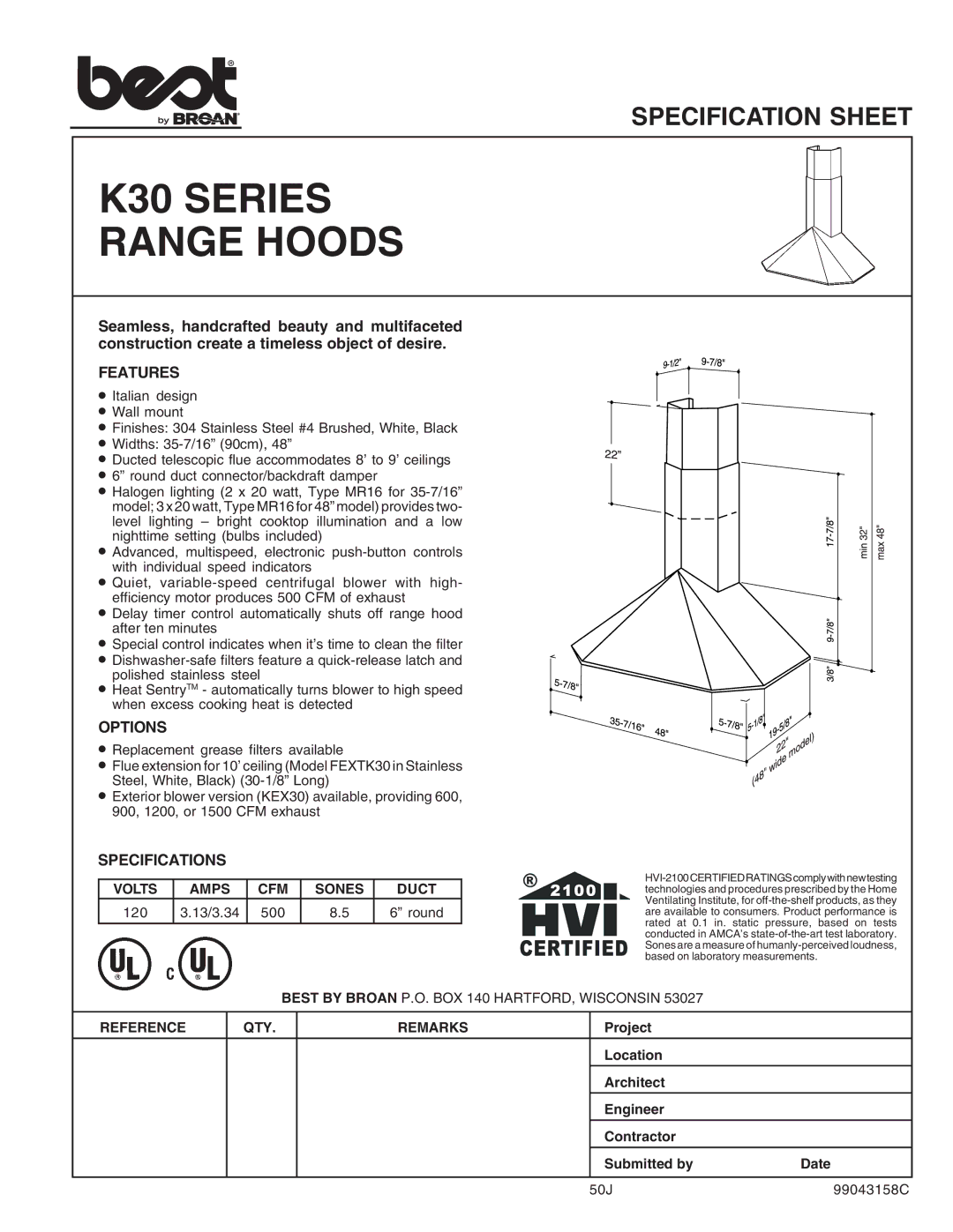 Best specifications K30 Series Range Hoods, Features, Options, Specifications 