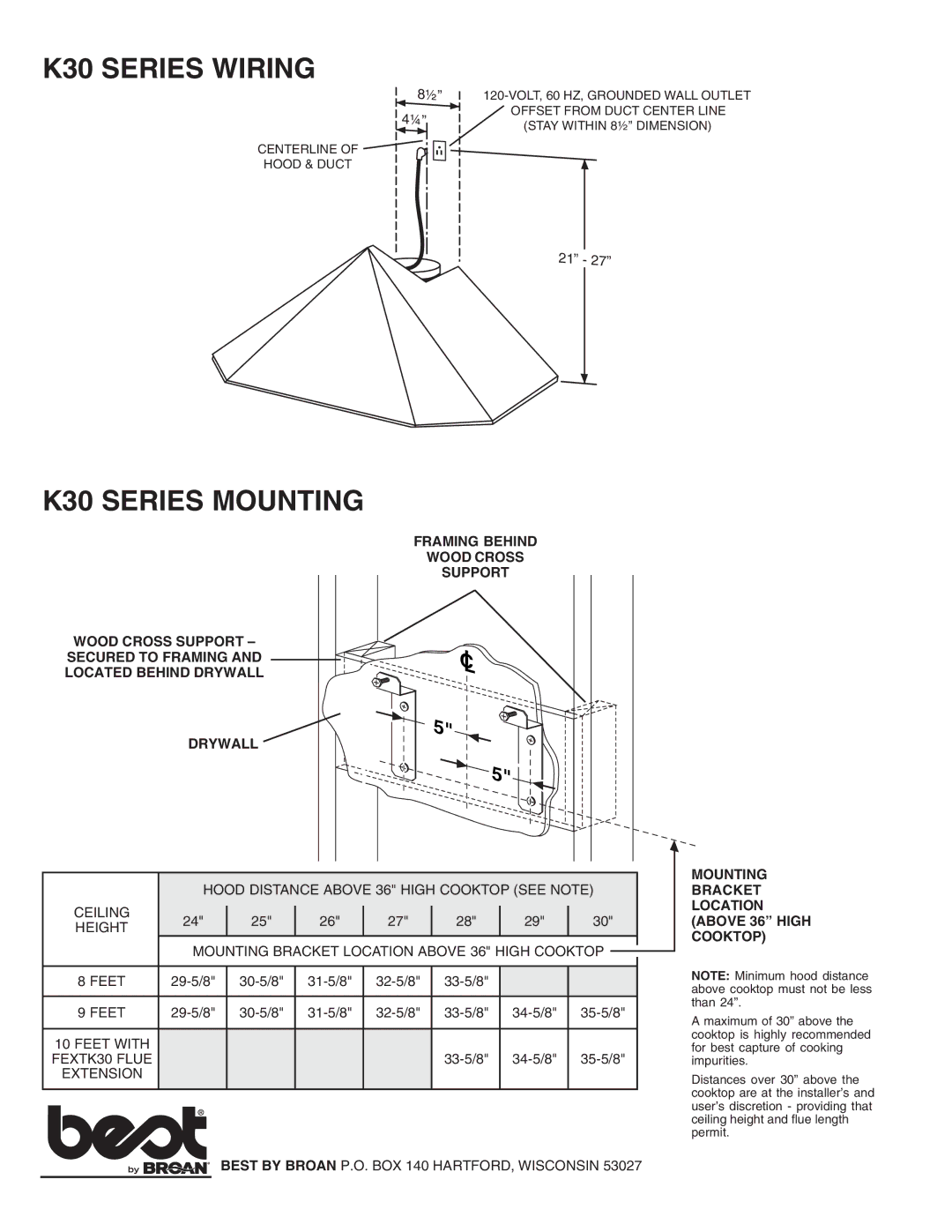 Best specifications K30 Series Wiring, K30 Series Mounting, Mounting Bracket Location Above 36 High Cooktop 