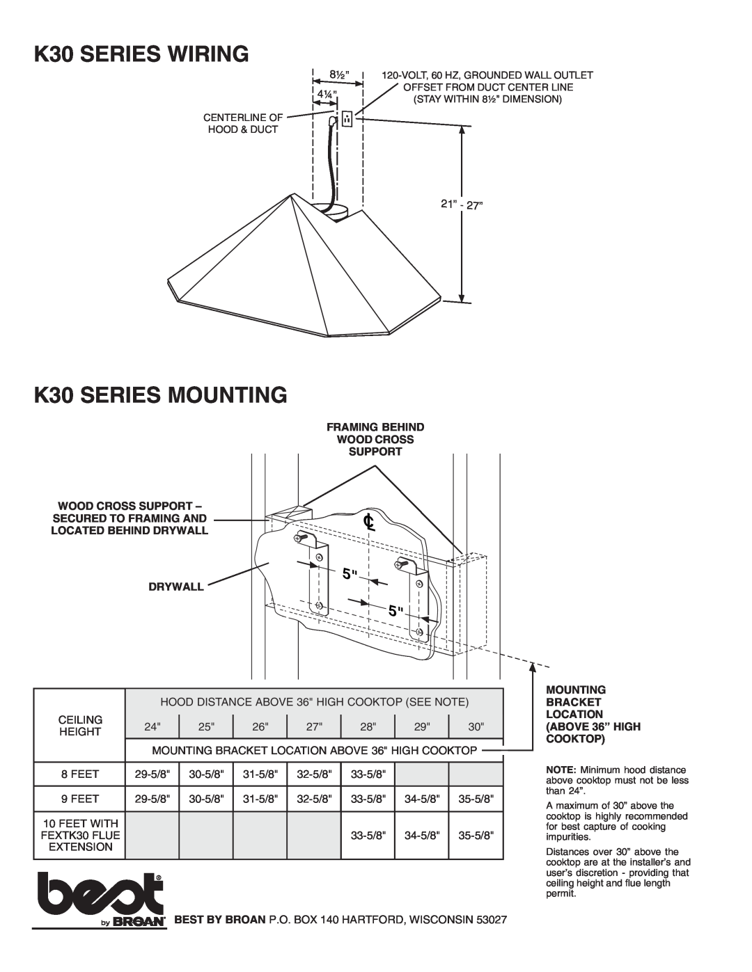 Best K30 Series specifications K30 SERIES WIRING, K30 SERIES MOUNTING, Cl L, 8½” 4¼”, 21” - 27” 