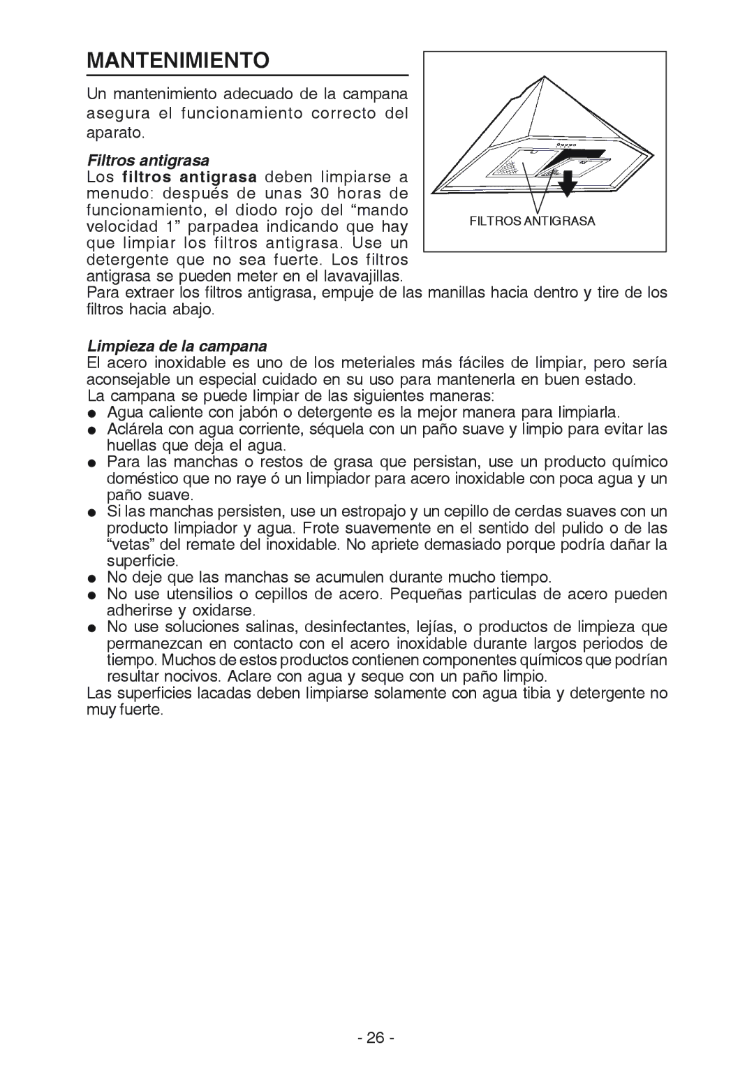 Best K30 manual Mantenimiento, Filtros antigrasa, Limpieza de la campana 