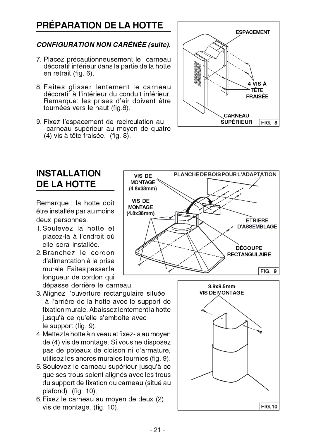 Best K3139 manual Préparation DE LA Hotte, Installation DE LA Hotte, Configuration NON Carénée suite 