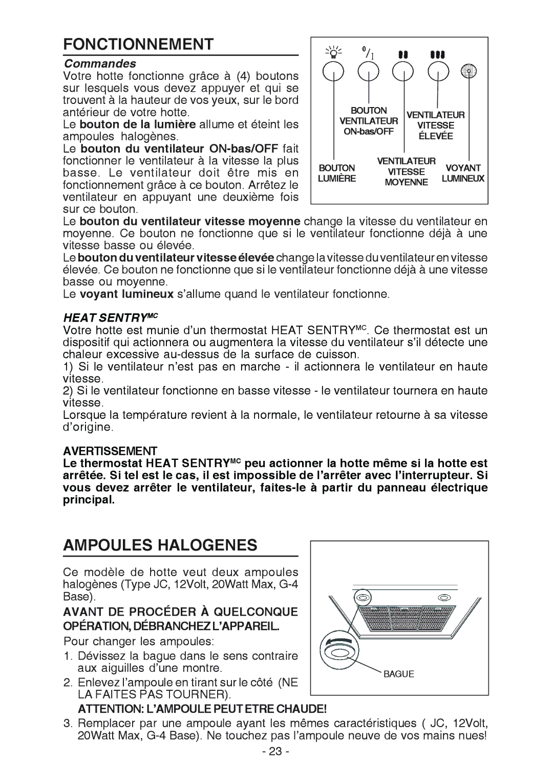 Best K3139 manual Fonctionnement, Ampoules Halogenes, Commandes, Heat Sentrymc, Avertissement 