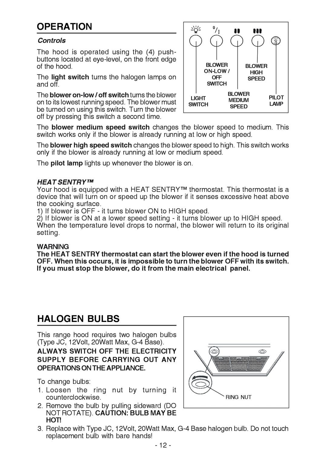 Best K3139 manual Operation, Halogen Bulbs, Controls, Heat Sentry 