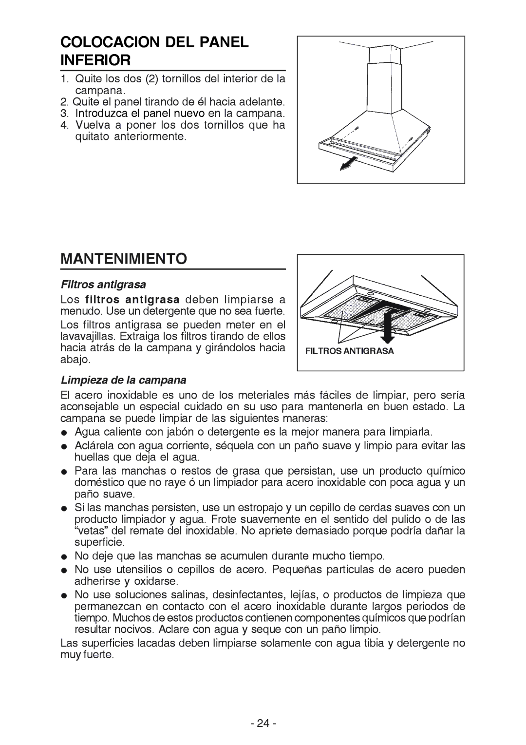 Best K42 manual Colocacion DEL Panel Inferior, Mantenimiento, Filtros antigrasa, Limpieza de la campana 