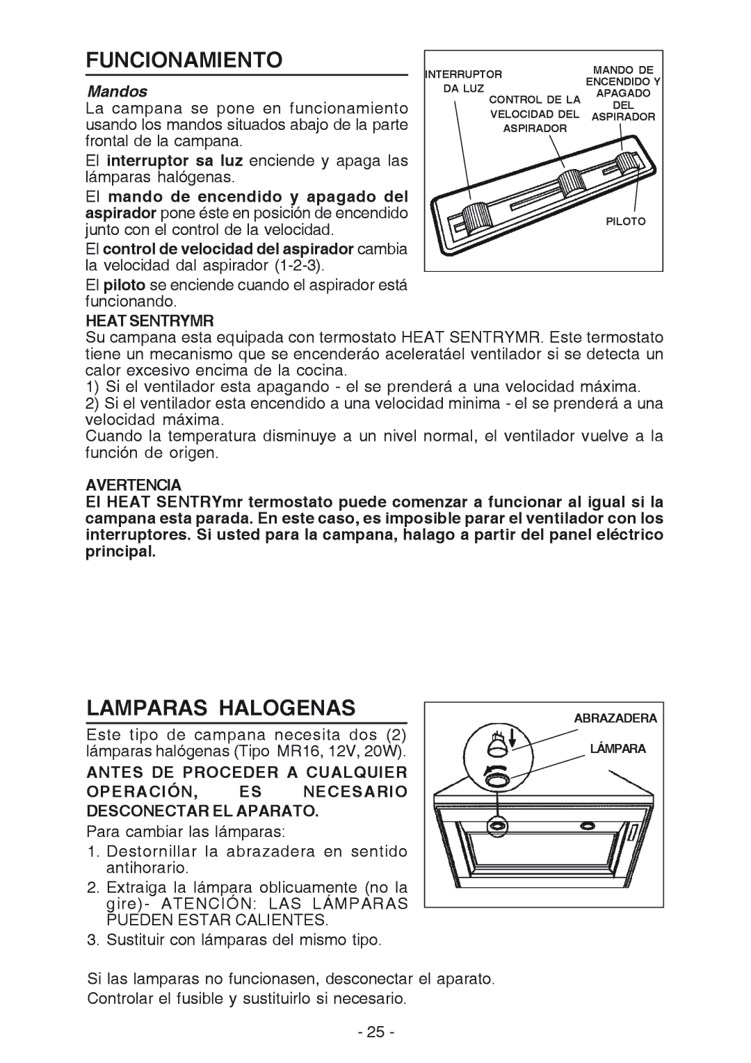 Best K42 manual Funcionamiento, Lamparas Halogenas, Mandos, Heat Sentrymr, Avertencia 