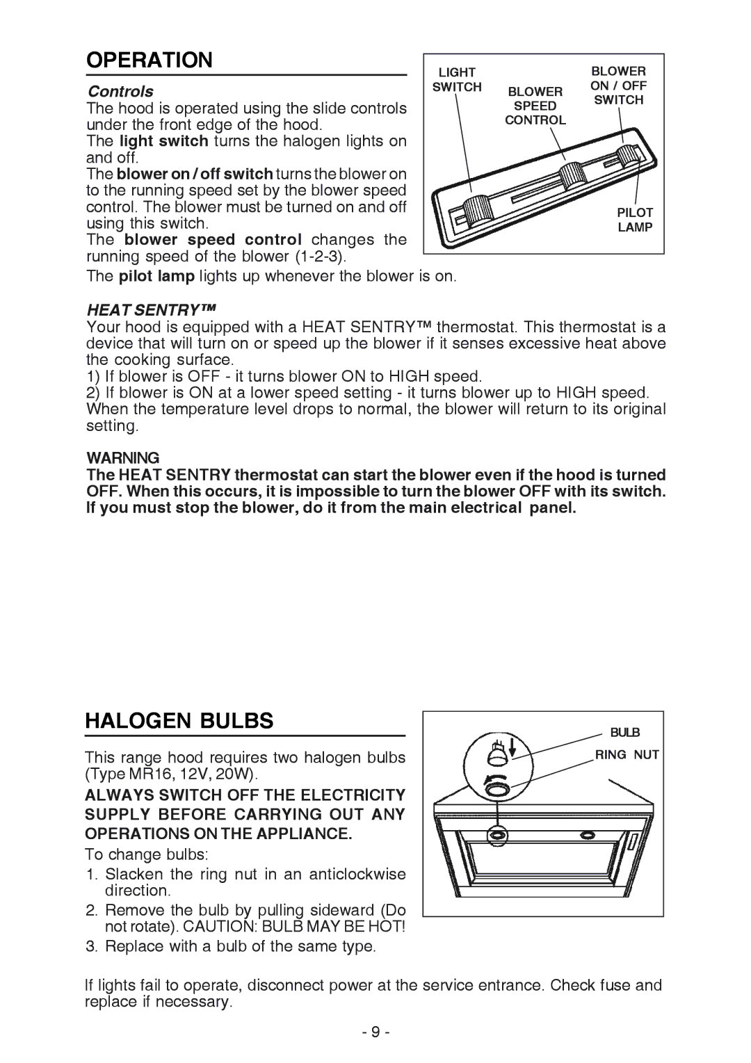 Best K42 manual Operation, Halogen Bulbs, Controls 