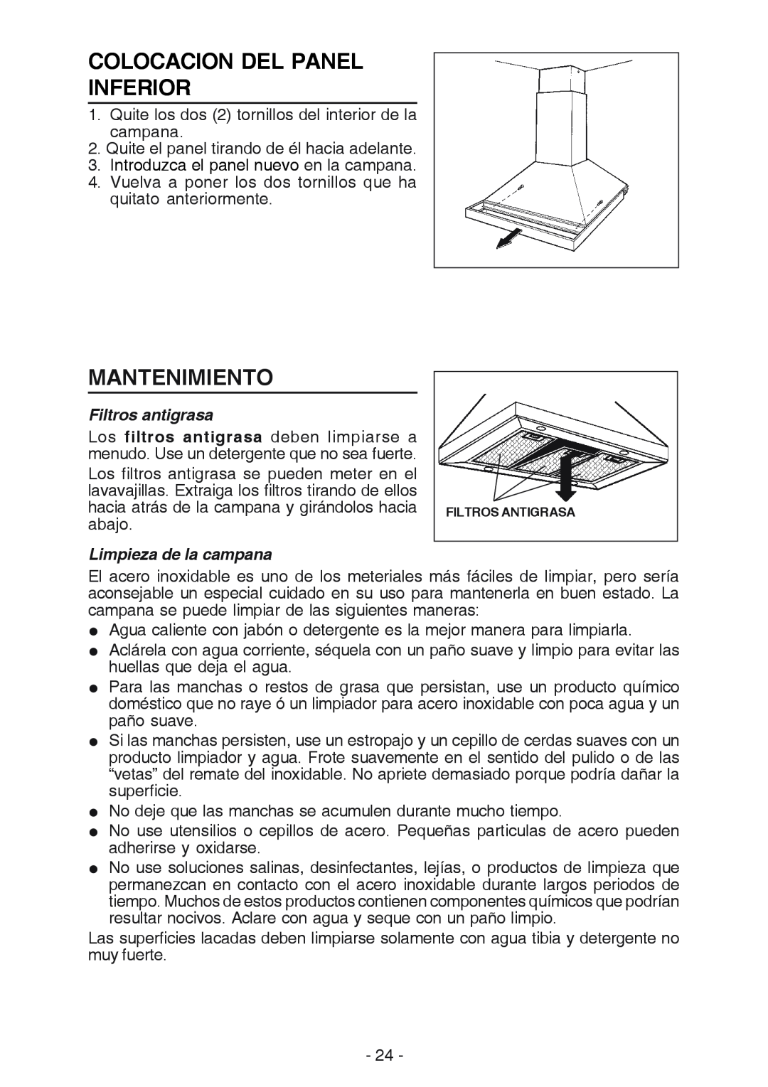 Best K42 manual Colocacion Del Panel Inferior, Mantenimiento, Filtros antigrasa, Limpieza de la campana 