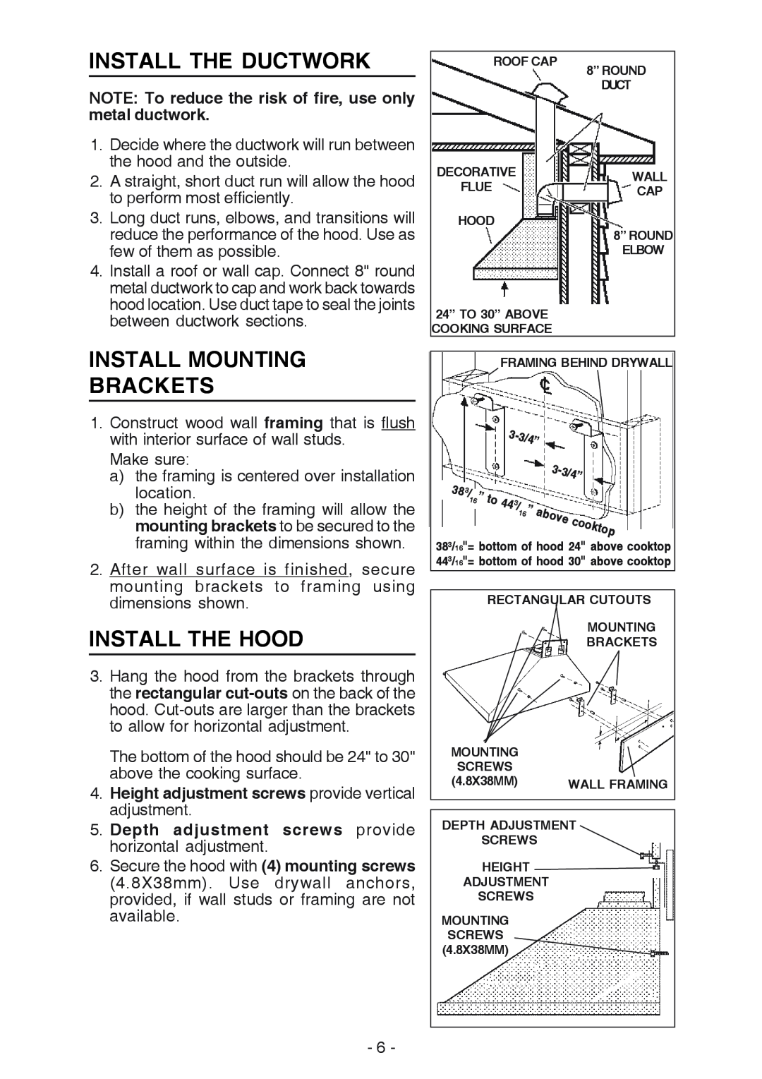 Best K42 manual Install The Ductwork, Install Mounting Brackets, Install The Hood 