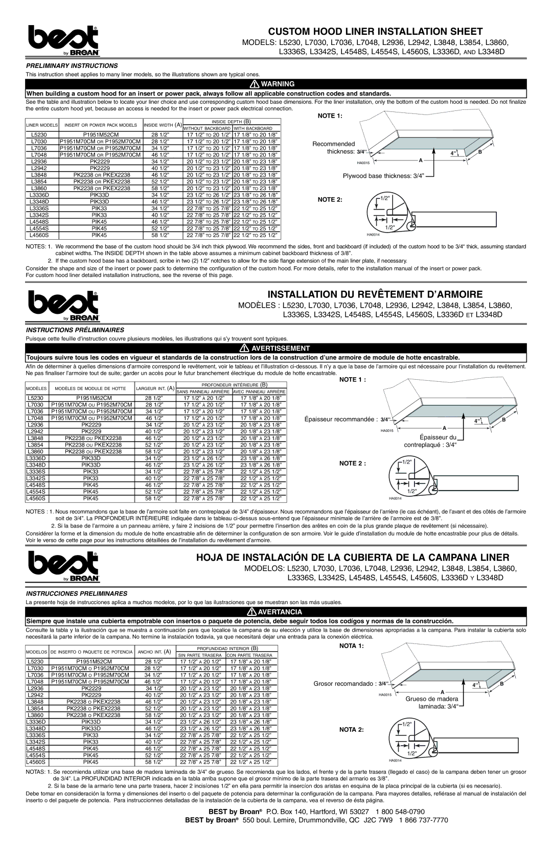 Best L5230 instruction sheet Custom Hood Liner Installation Sheet, Installation DU Revêtement D’ARMOIRE, Avertissement 