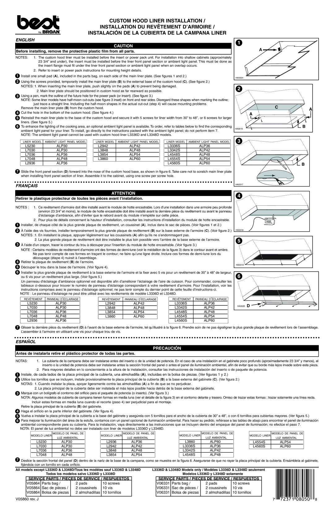 Best L7048, L7036, L5230, L7030, L3860 English, Français, Español, Precaución, Service Parts / Pièces DE Service / Respuestos 