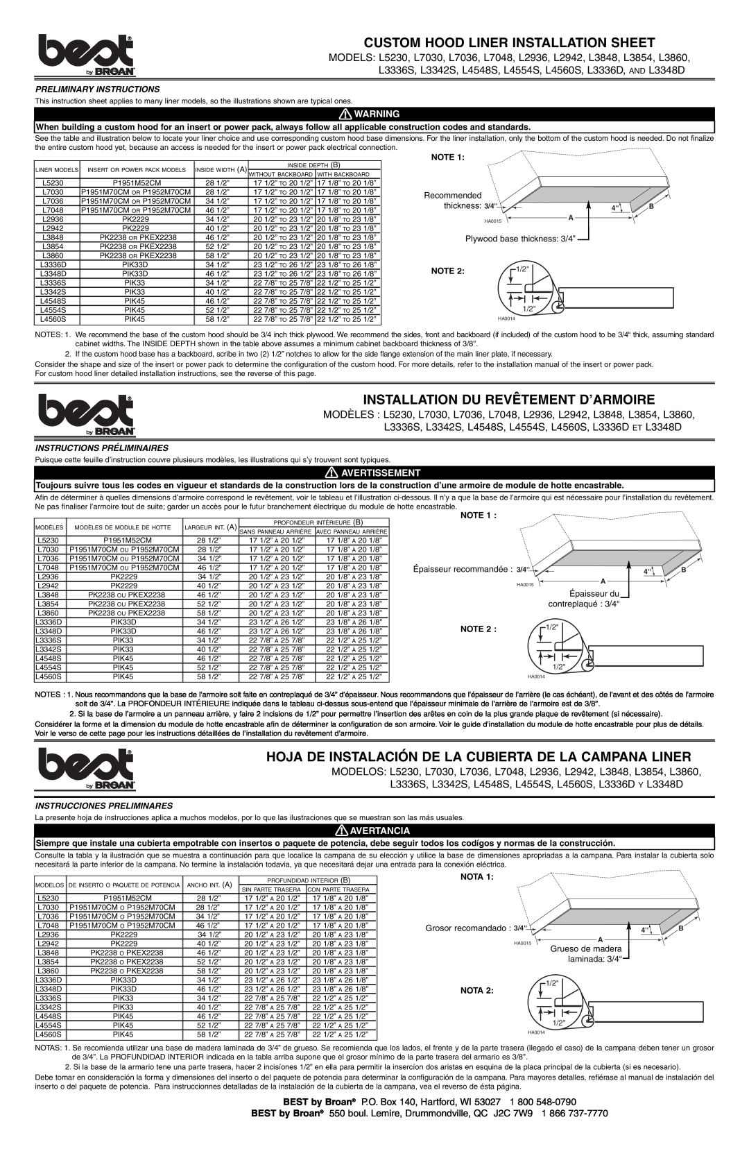Best L5230 instruction sheet Custom Hood Liner Installation Sheet, Installation Du Revêtement D’Armoire, Avertissement 