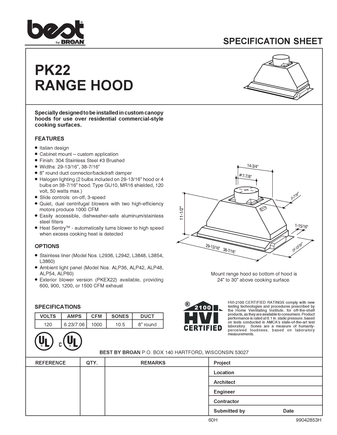 Best PK22 specifications Range Hood, Features, Options, Specifications 