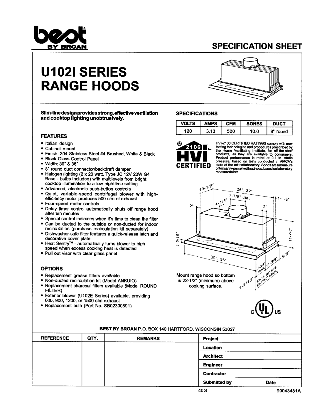 Best specifications 141/I, U1021 Series Range Hoods, By Broan, Specifications, Opons 