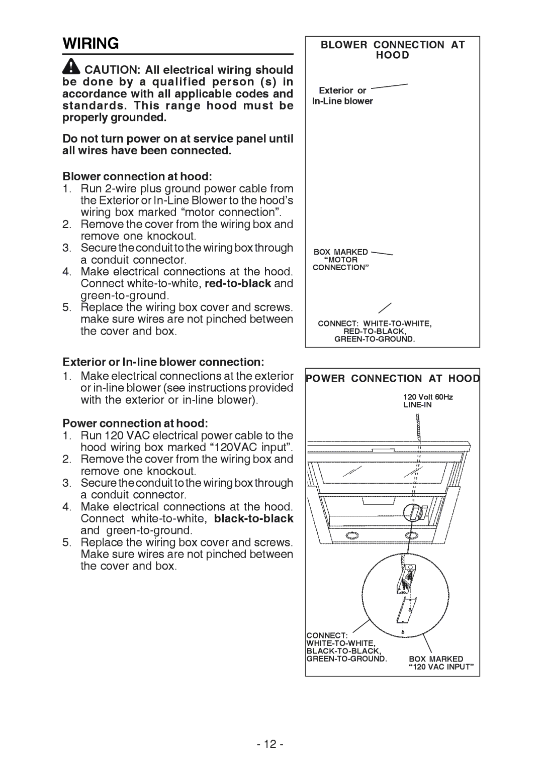 Best U102E manual Wiring, Exterior or In-line blower connection, Power connection at hood, Blower Connection AT Hood 