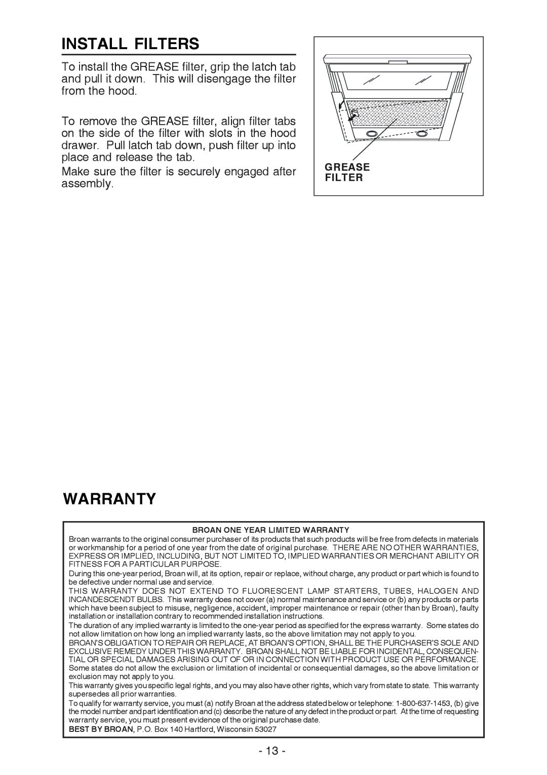 Best U102E manual Install Filters, Warranty, Grease Filter 