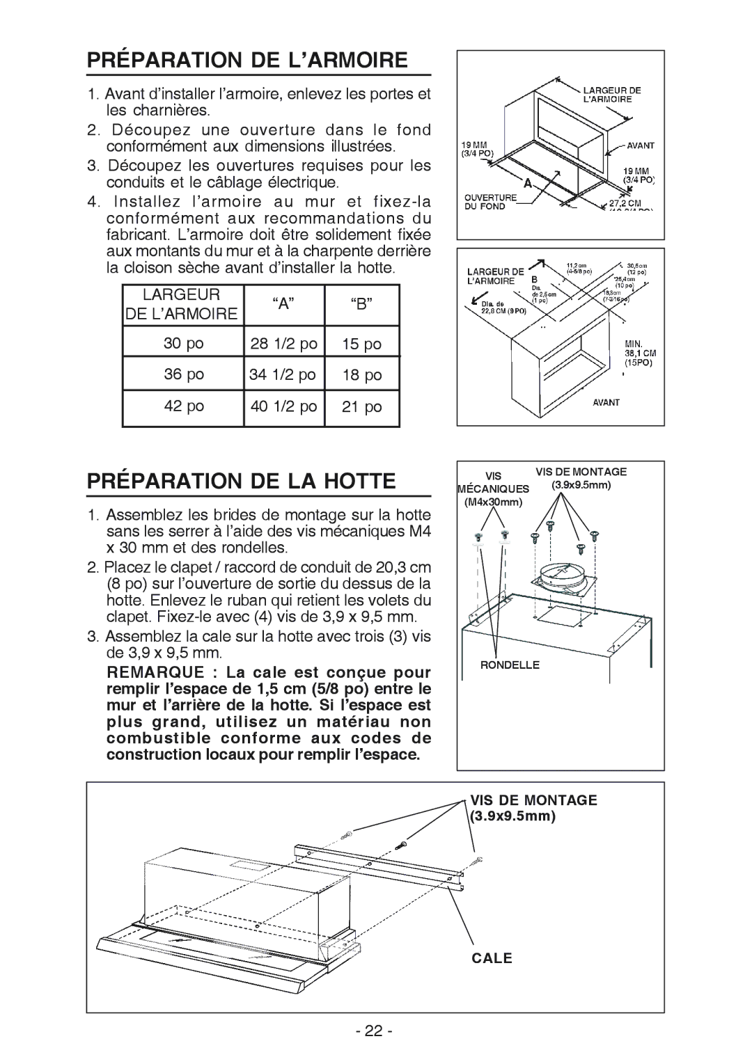 Best U102E manual Préparation DE L’ARMOIRE, Cale 