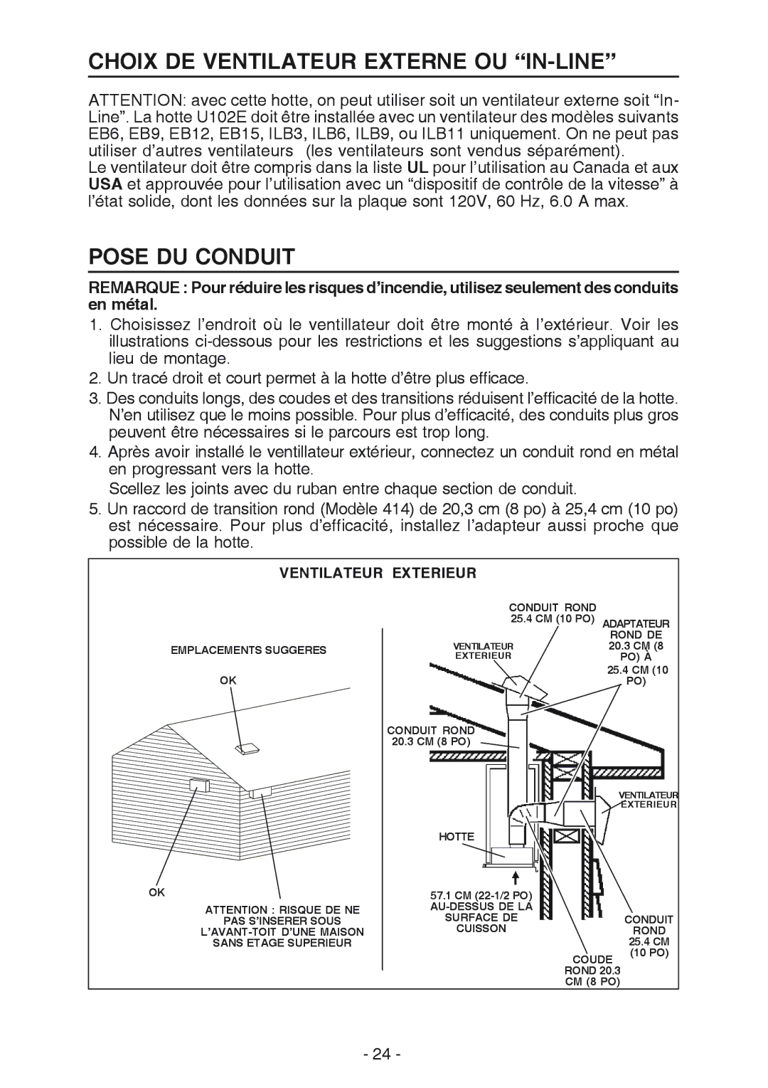 Best U102E manual Choix DE Ventilateur Externe OU IN-LINE, Pose DU Conduit, Ventilateur Exterieur 