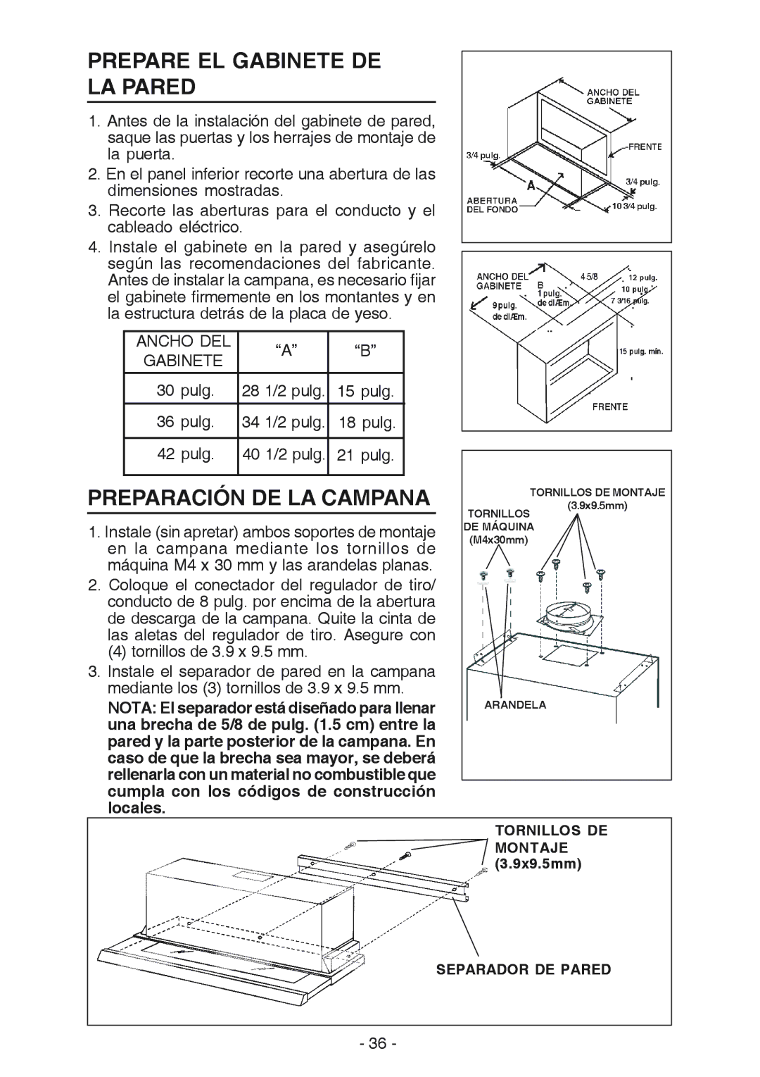 Best U102E manual Prepare EL Gabinete DE LA Pared, Tornillos DE, Separador DE Pared 