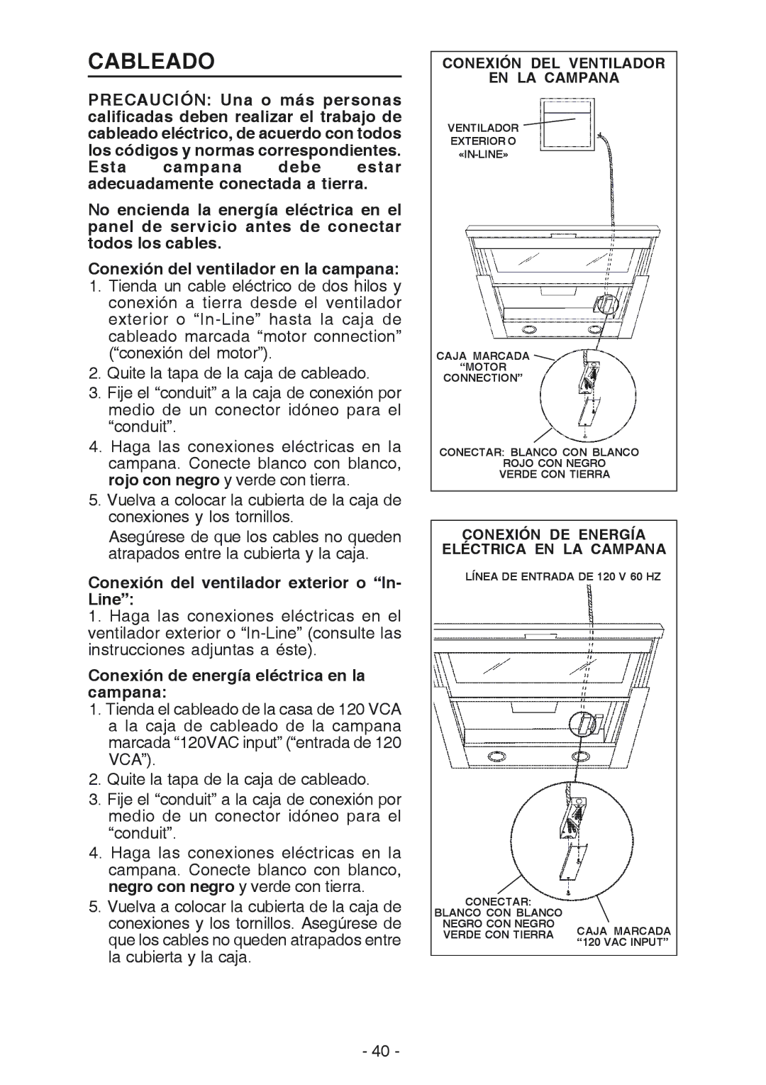 Best U102E manual Cableado, Conexión del ventilador exterior o In- Line, Conexión de energía eléctrica en la campana 