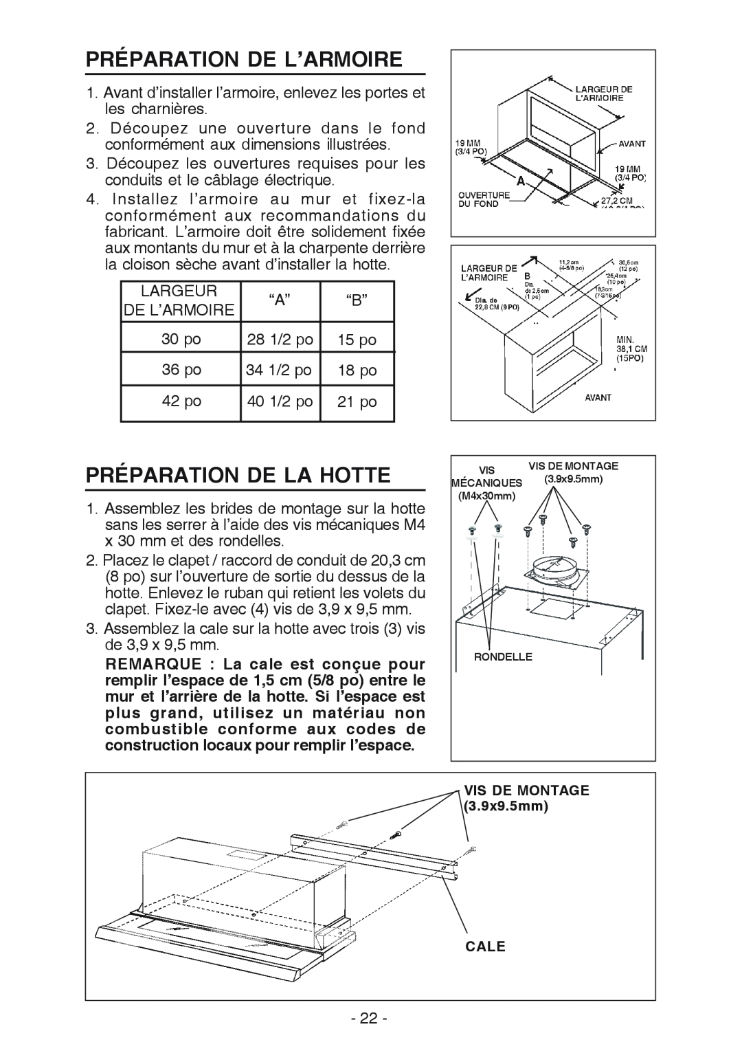 Best U102E manual Préparation De L’Armoire, Préparation De La Hotte, VIS DE MONTAGE 3.9x9.5mm CALE 