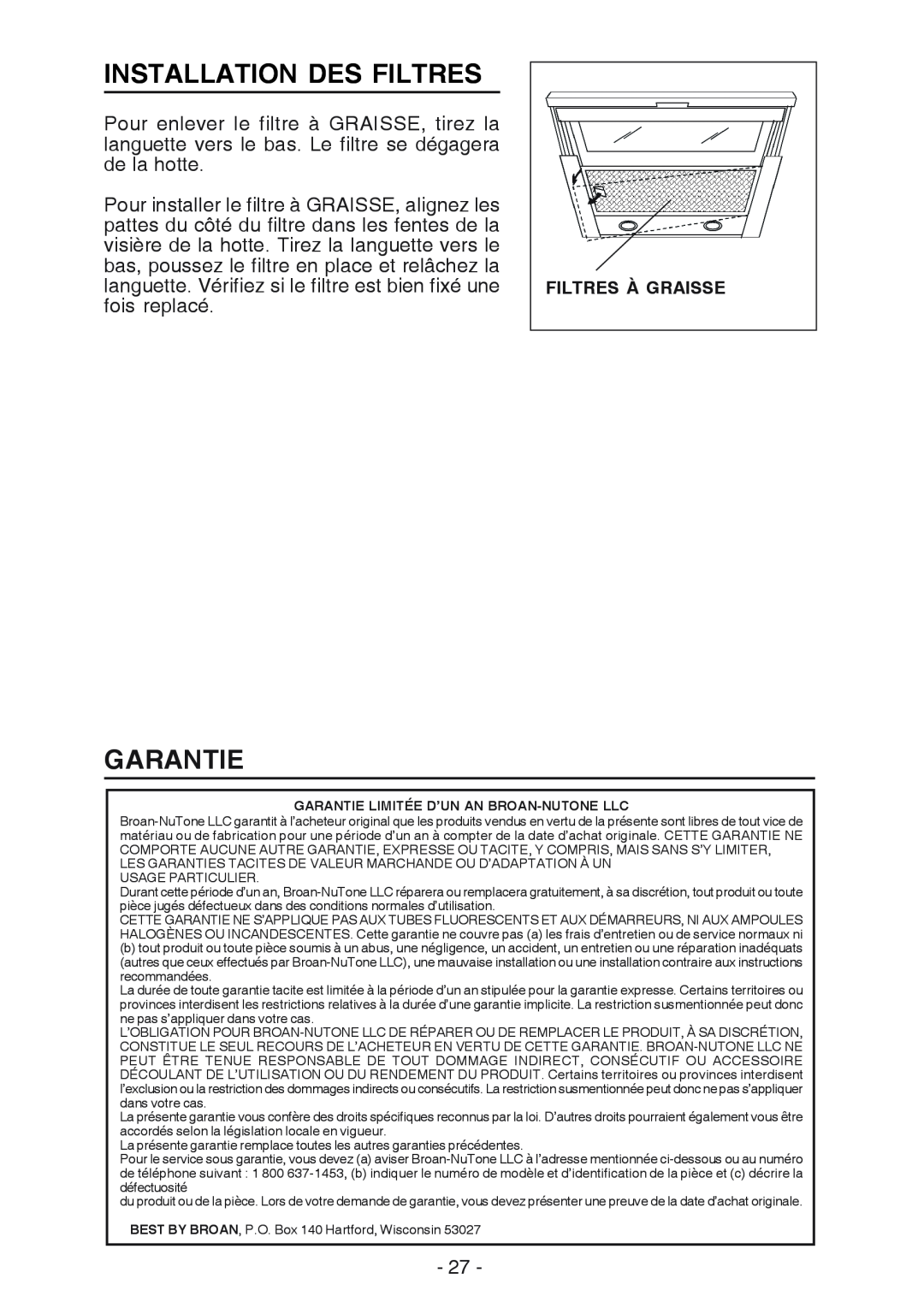 Best U102E manual Installation Des Filtres, Garantie, Filtres À Graisse 