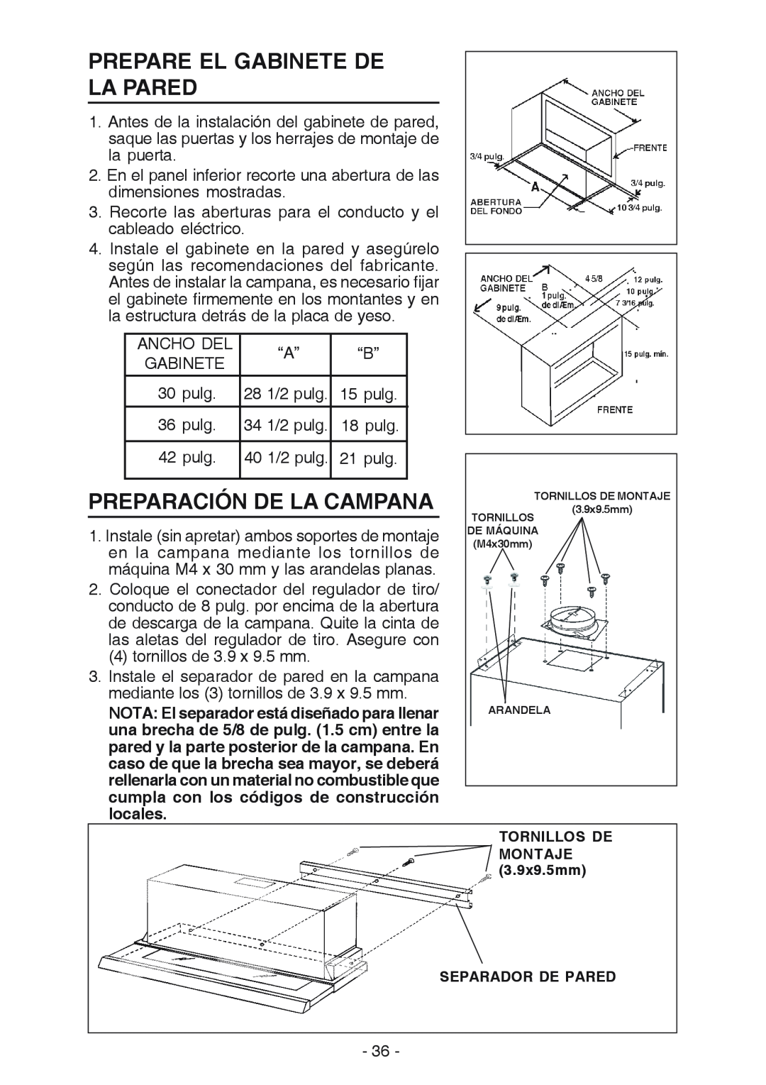 Best U102E Prepare El Gabinete De La Pared, Preparación De La Campana, TORNILLOS DE MONTAJE 3.9x9.5mm SEPARADOR DE PARED 
