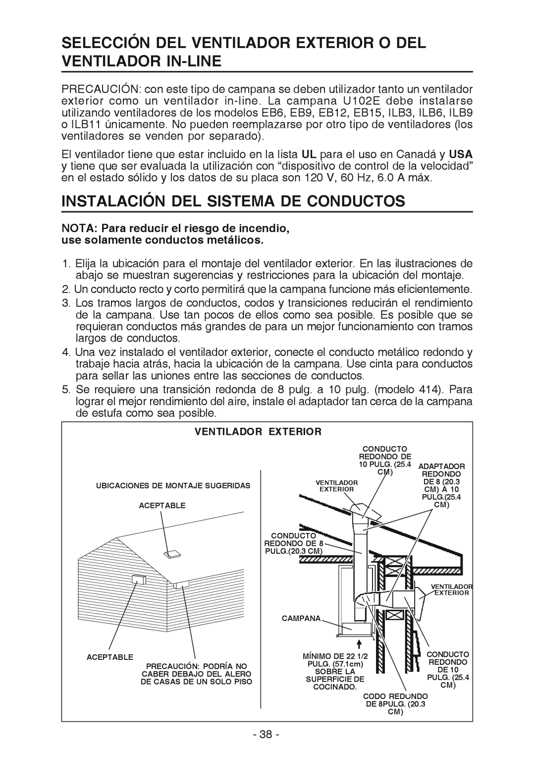 Best U102E manual Selección Del Ventilador Exterior O Del Ventilador In-Line, Instalación Del Sistema De Conductos 