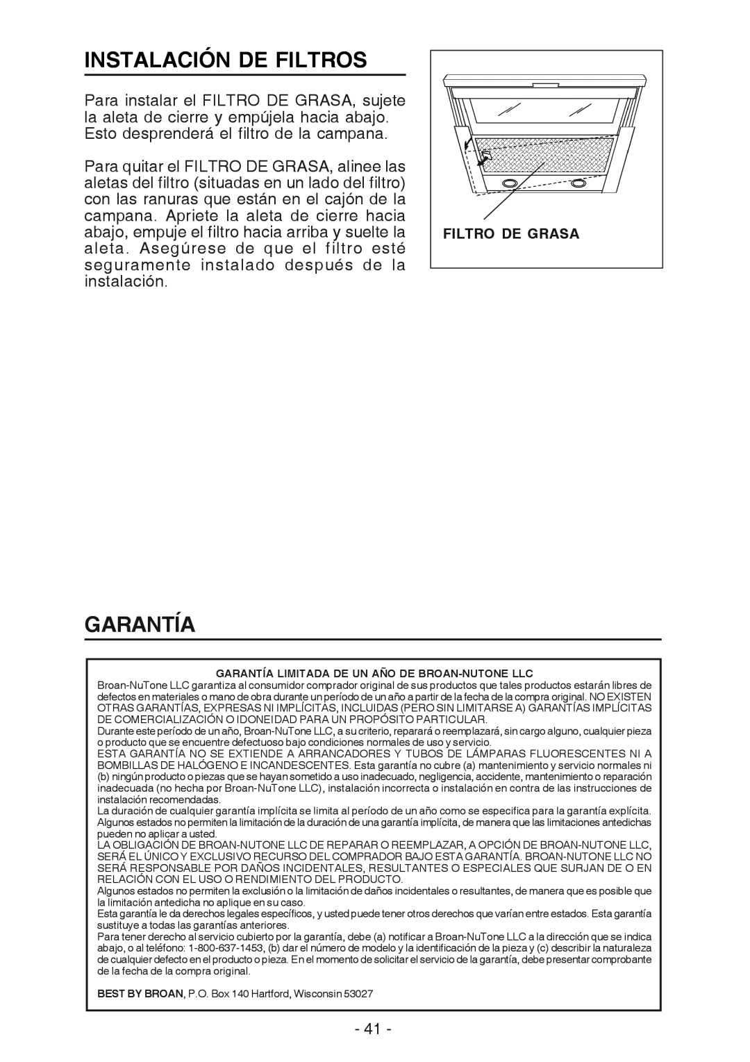 Best U102E manual Instalación De Filtros, Garantía, Filtro De Grasa 
