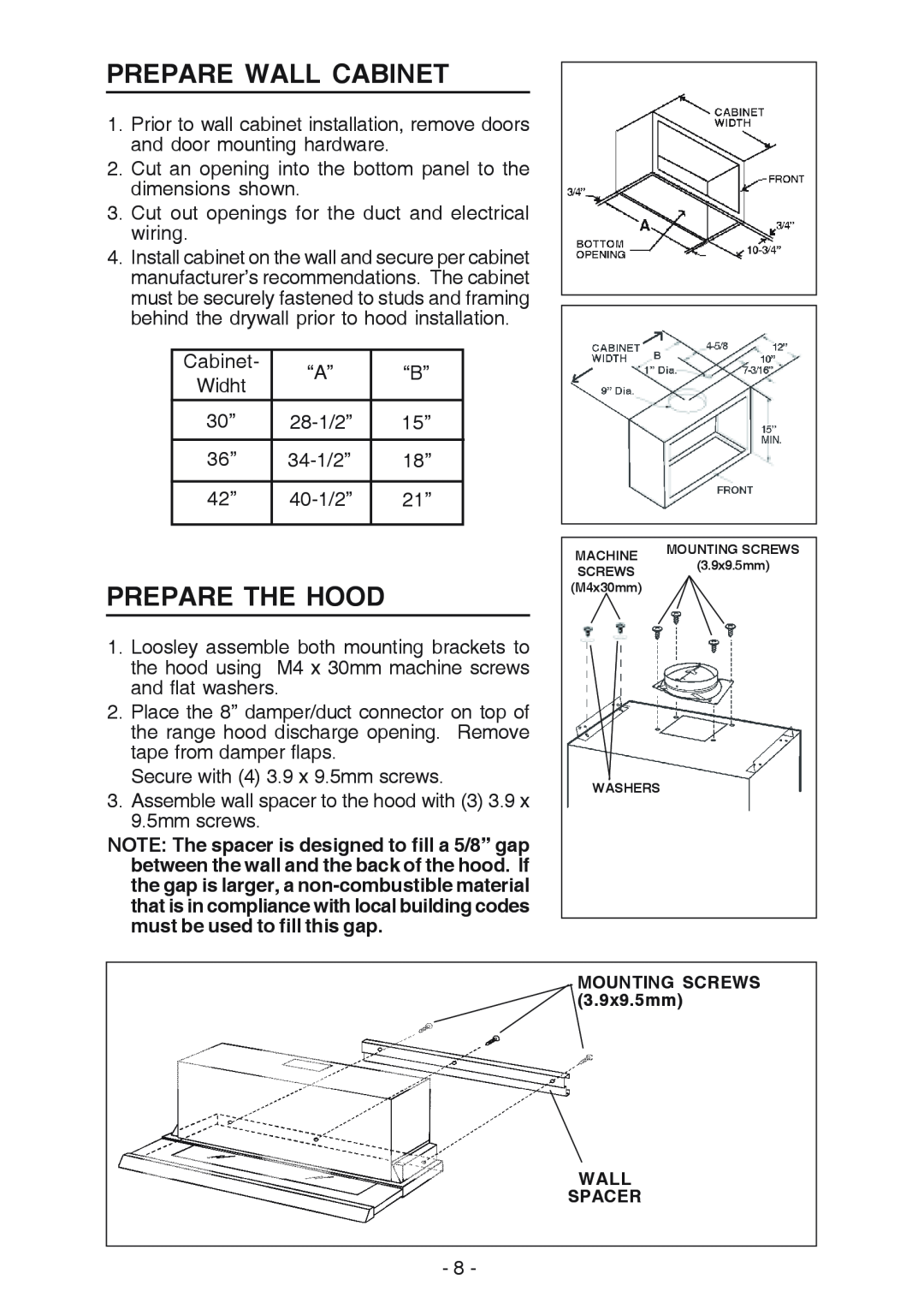 Best U102E manual Prepare Wall Cabinet, Prepare The Hood, Cut an opening into the bottom panel to the dimensions shown 